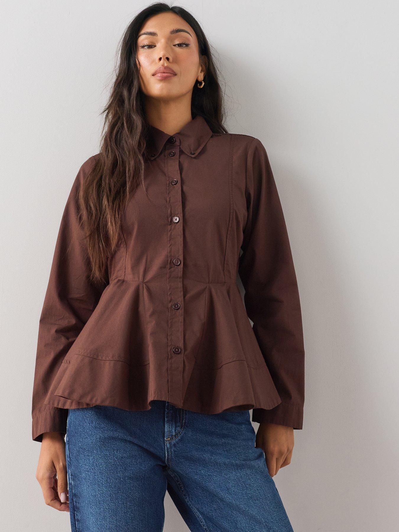 The Very Collection Cotton Peplum Hem Shirt - Brown