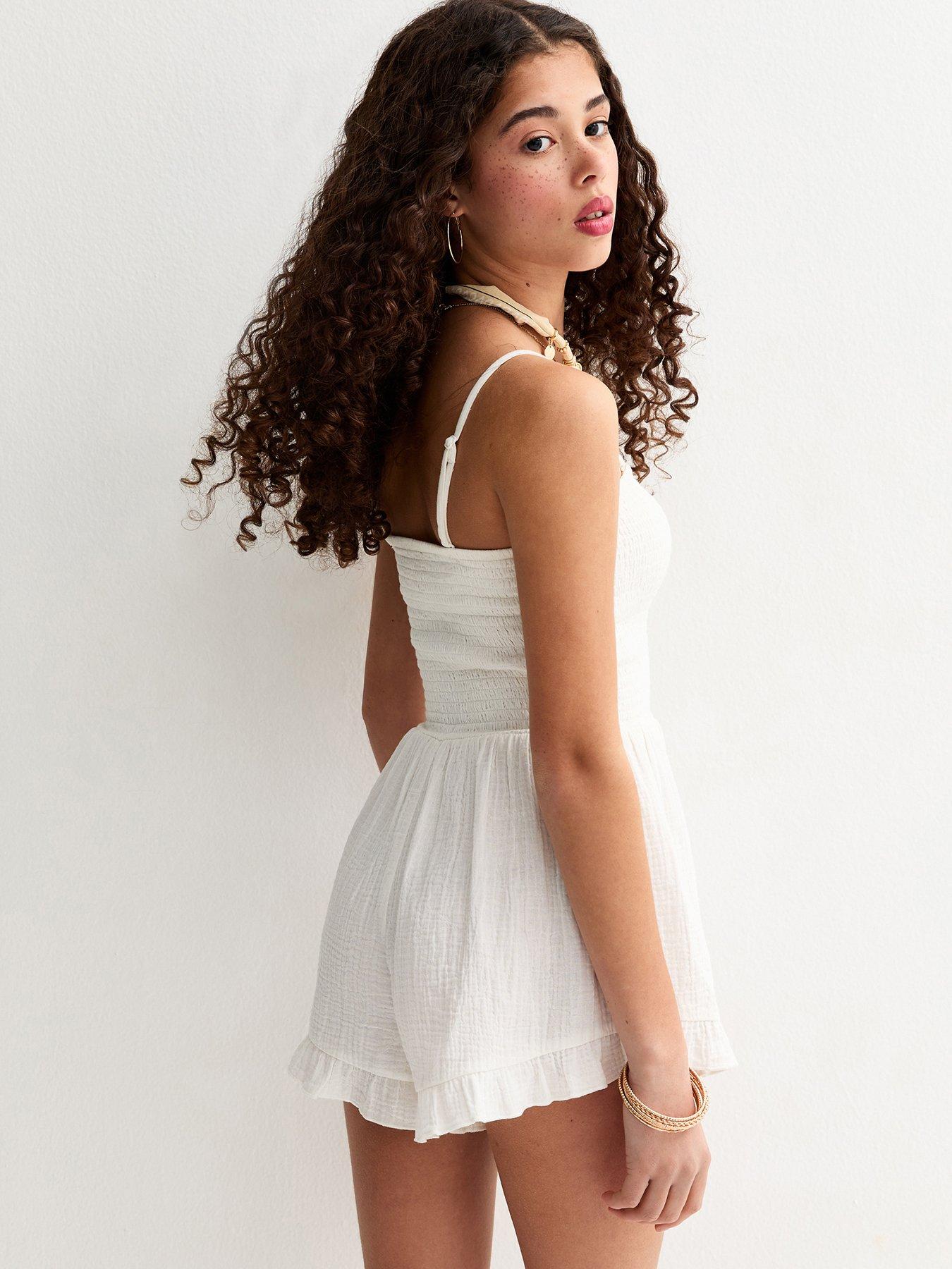 Image 2 of 5 of New Look 915 Girls Cotton Shirred Playsuit - White