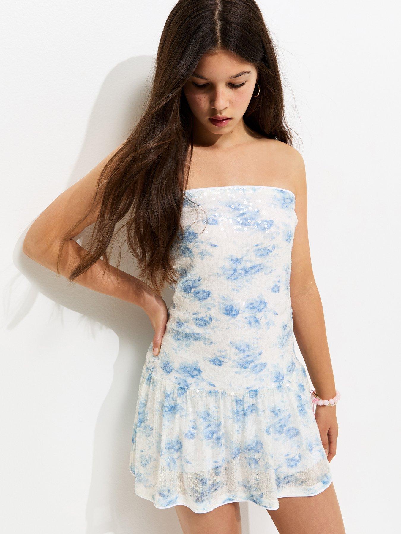 New Look 915 Girls Rose Print Sequined Bandeau Dress - White