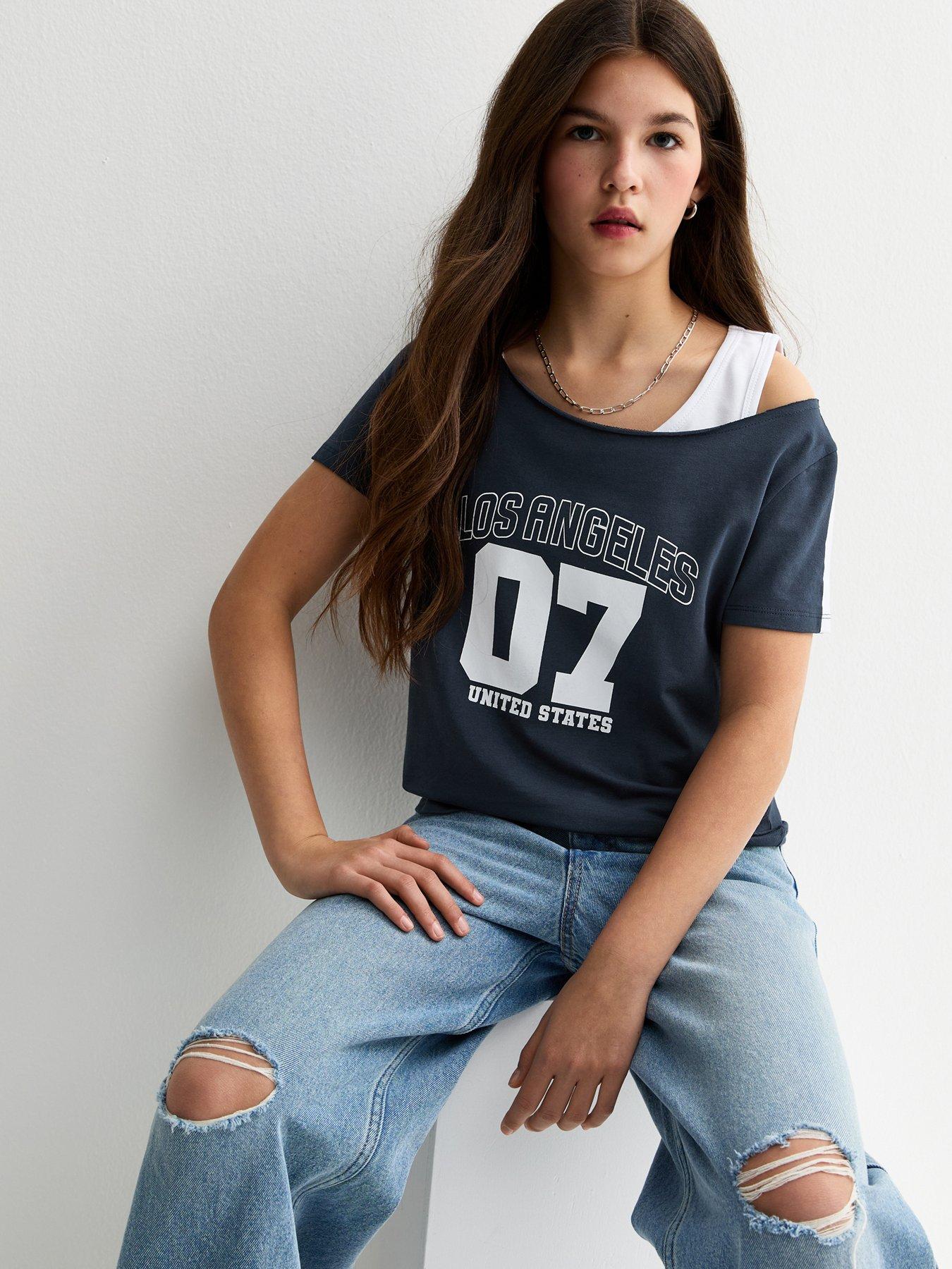 New Look 915 Girls 07 La 2 In 1 Logo Off Shoulder Top - Navy