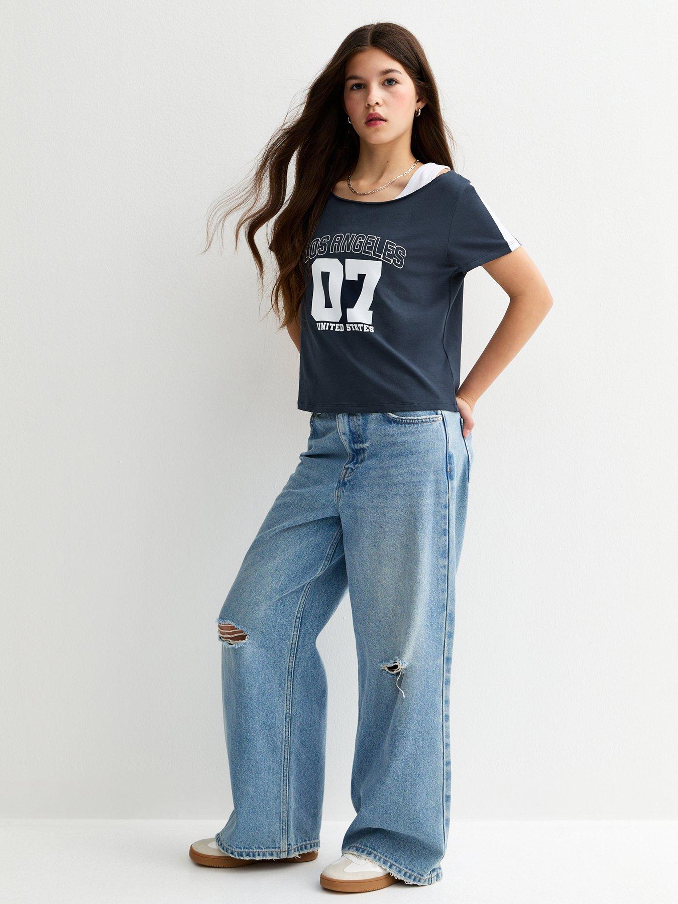 Image 3 of 5 of New Look 915 Girls 07 La 2 In 1 Logo Off Shoulder Top - Navy