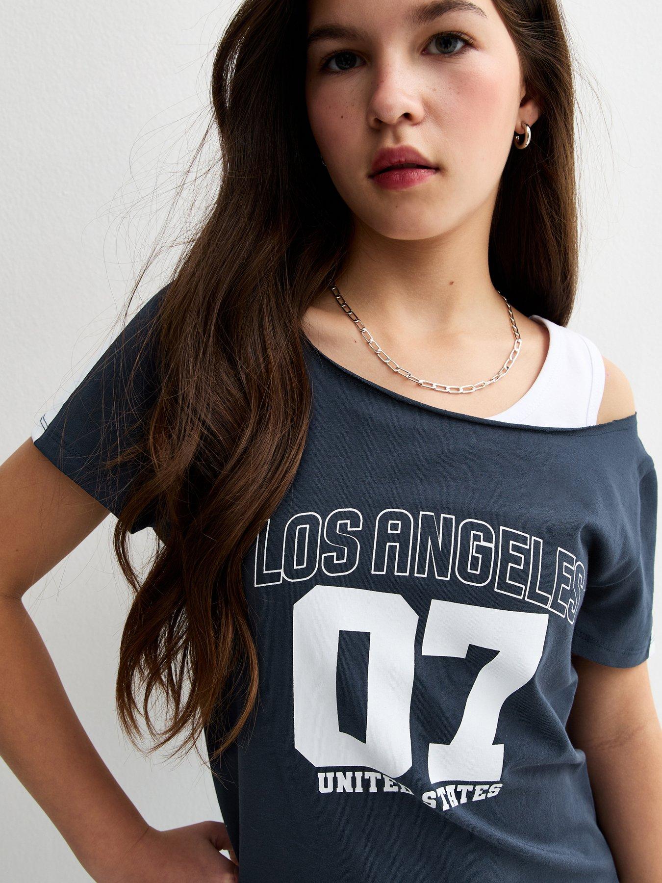 Image 4 of 5 of New Look 915 Girls 07 La 2 In 1 Logo Off Shoulder Top - Navy