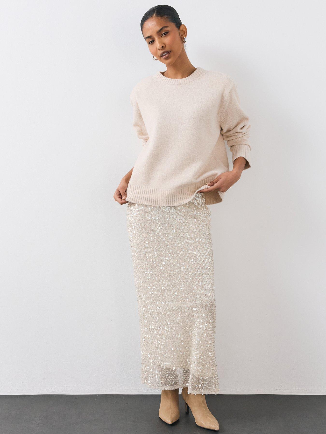 Image 1 of 7 of The Very Collection Womens Fully Embellished Maxi Skirt - Cream