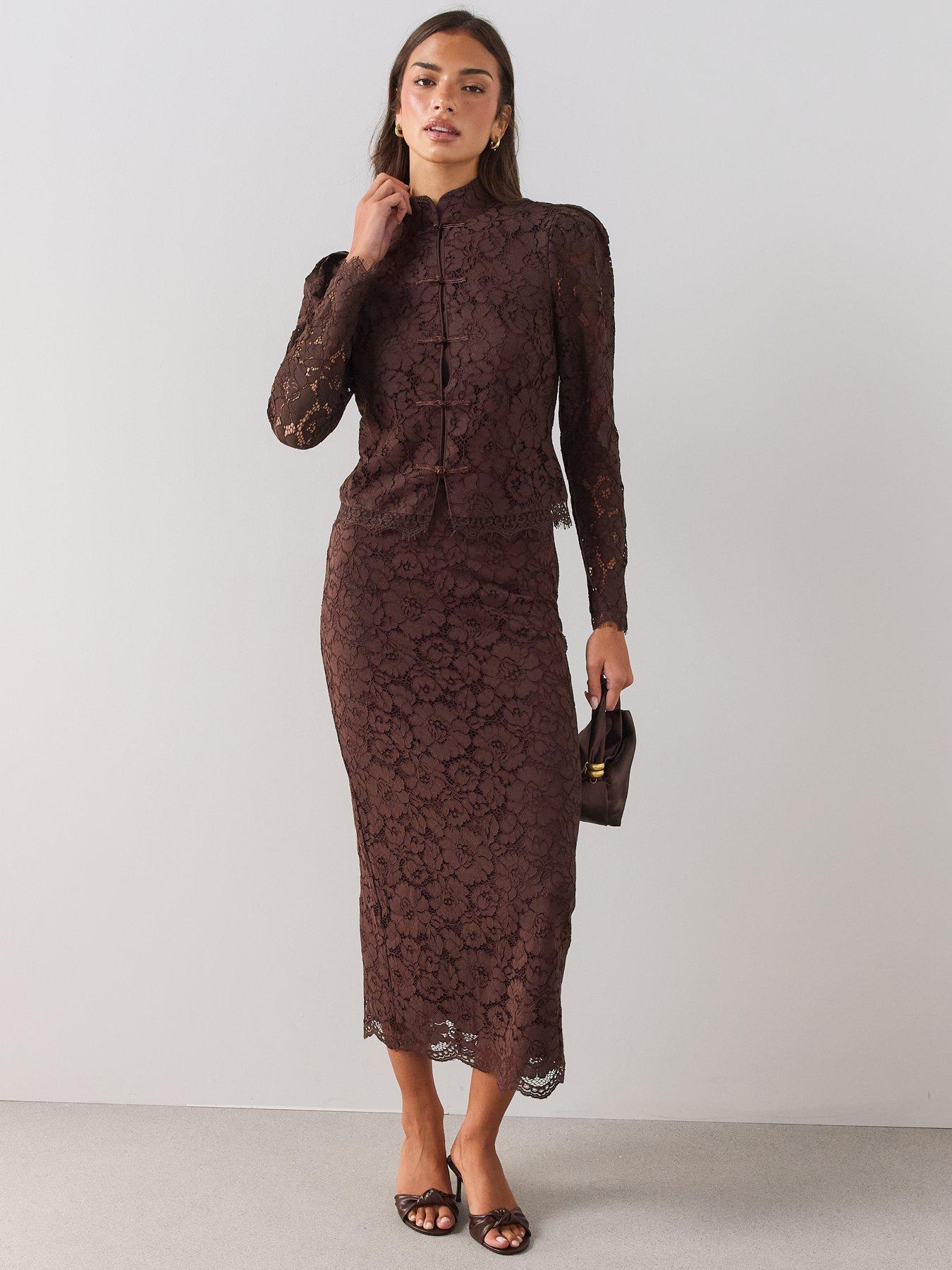 Image 3 of 7 of The Very Collection Womens Lace Scallop Hem Midi Skirt - Brown
