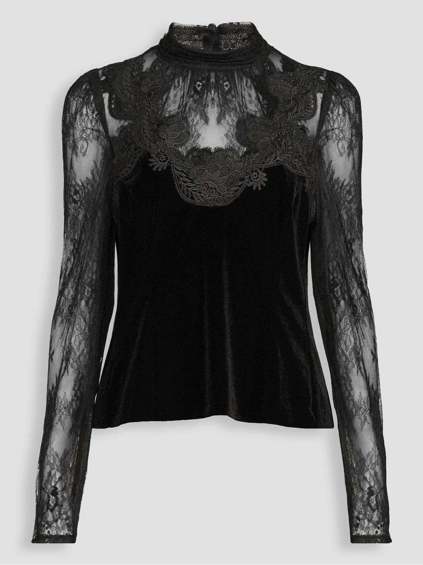 Image 7 of 7 of The Very Collection Womens Lace Detail Stretch Velvet Blouse - Black