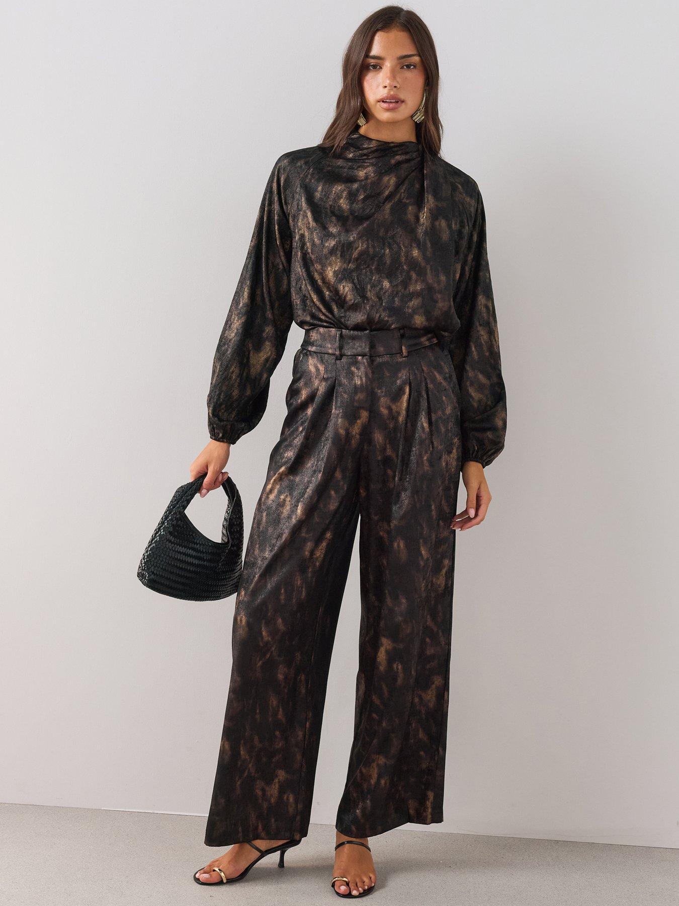 Image 1 of 7 of The Very Collection Womens Printed Elasticated Satin Trousers - Black