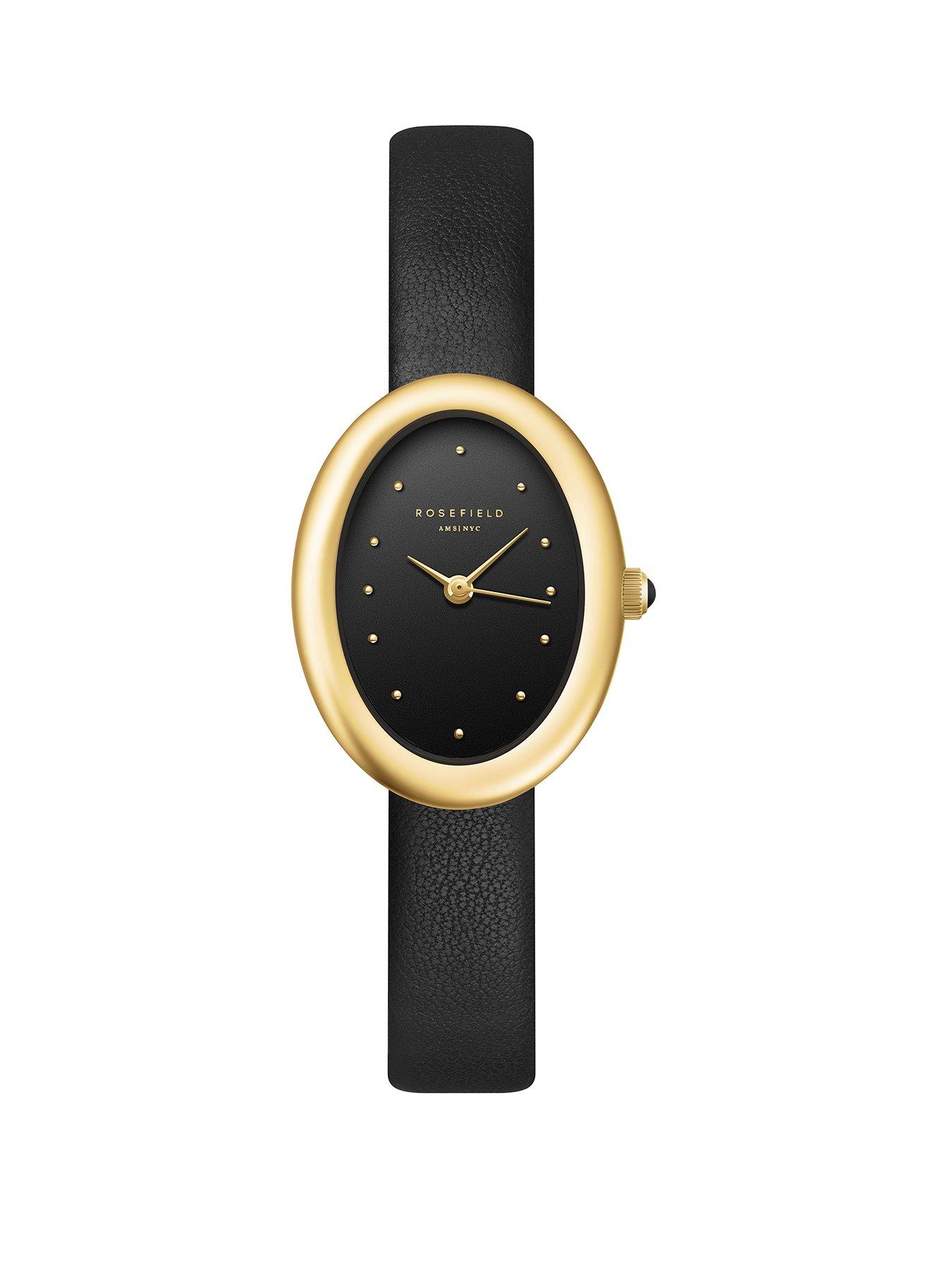  image of rosefield-ovale-gold-case-black-dial-black-leather-strap