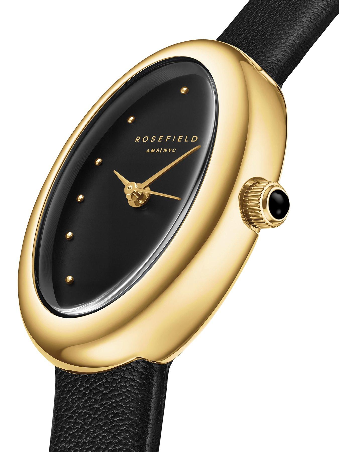  image of rosefield-ovale-gold-case-black-dial-black-leather-strap