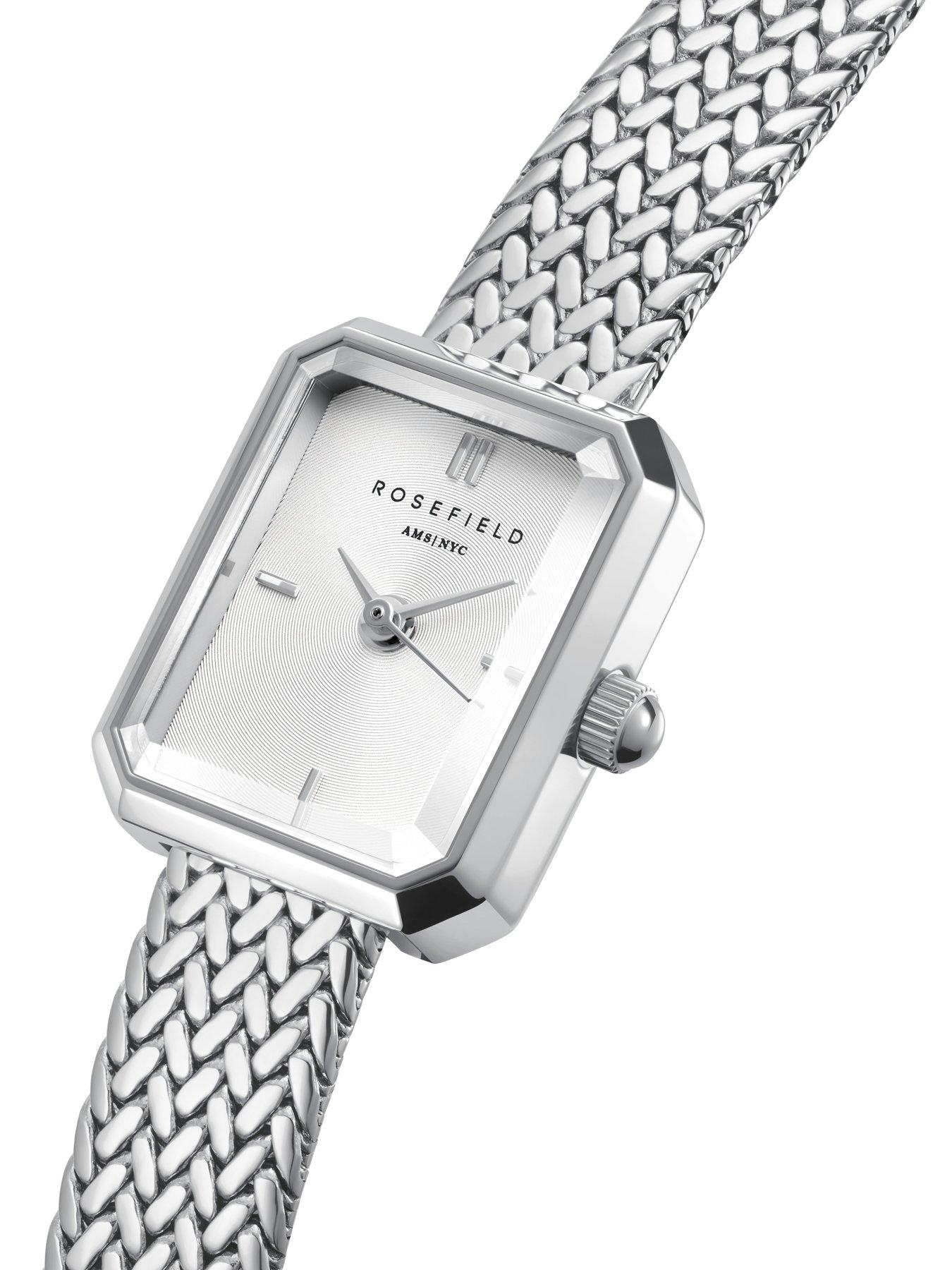stillFront image of rosefield-mini-octagon-silver-dial-steel-mesh