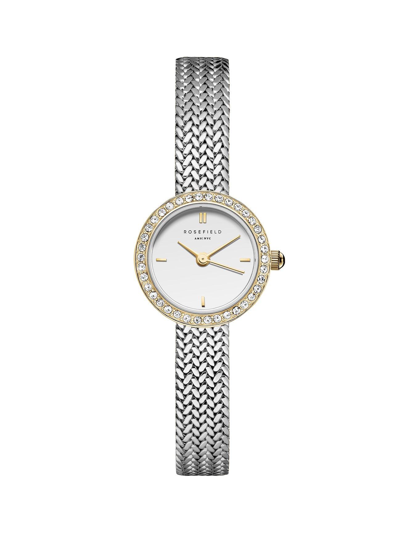 front image of rosefield-mini-round-silver-dial-steel-mesh-stone-set-bezel