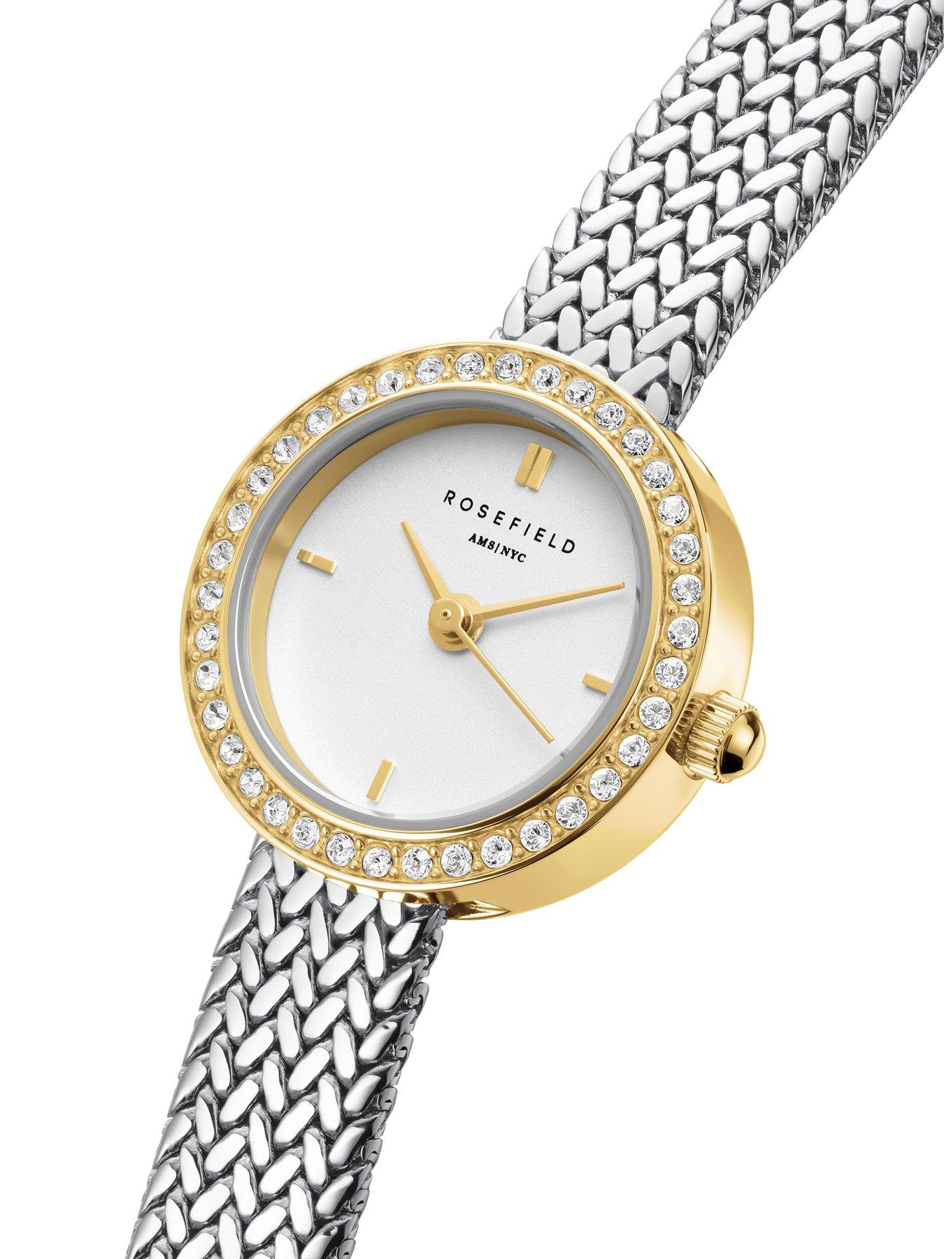  image of rosefield-mini-round-silver-dial-steel-mesh-stone-set-bezel