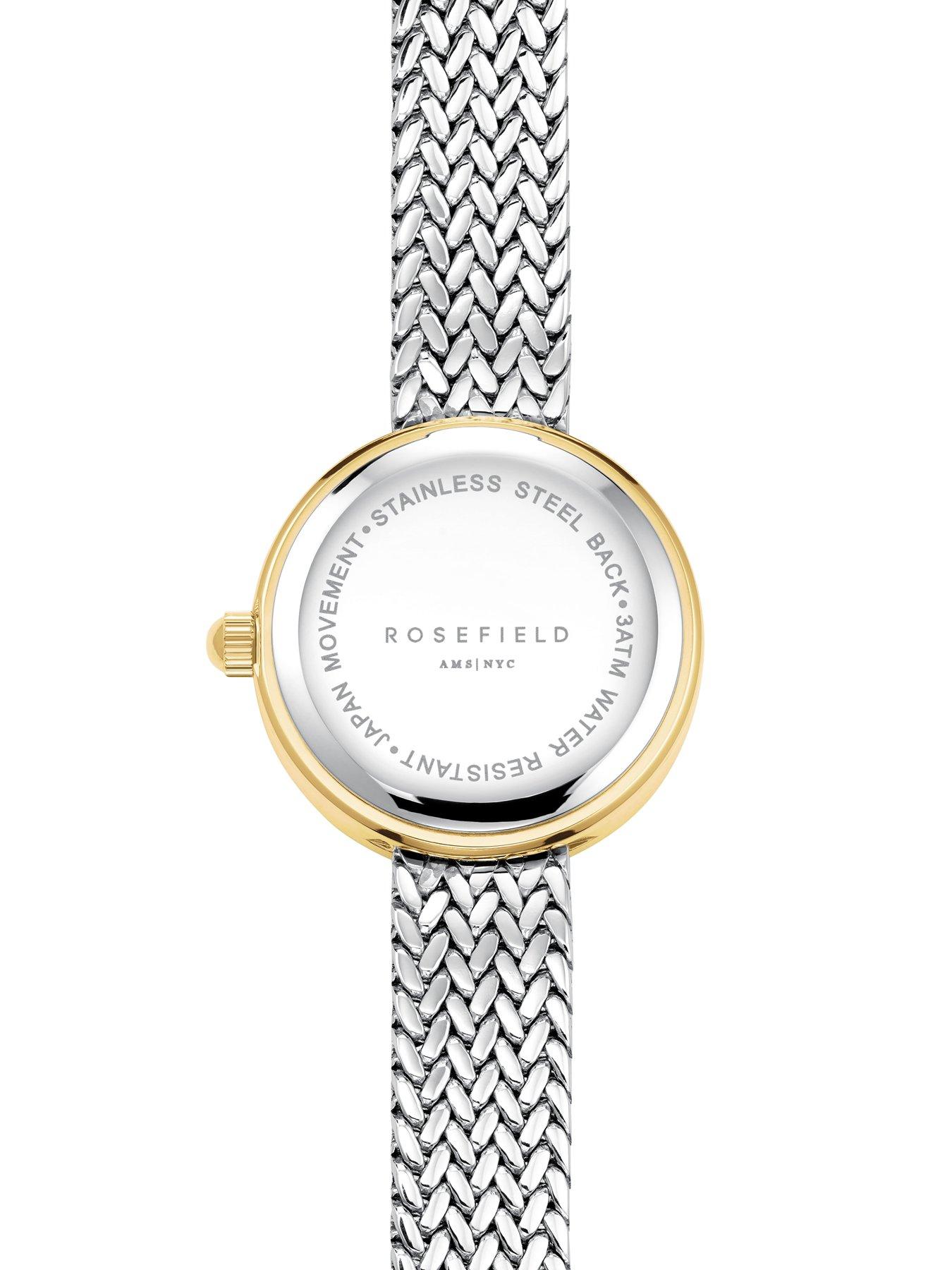  image of rosefield-mini-round-silver-dial-steel-mesh-stone-set-bezel