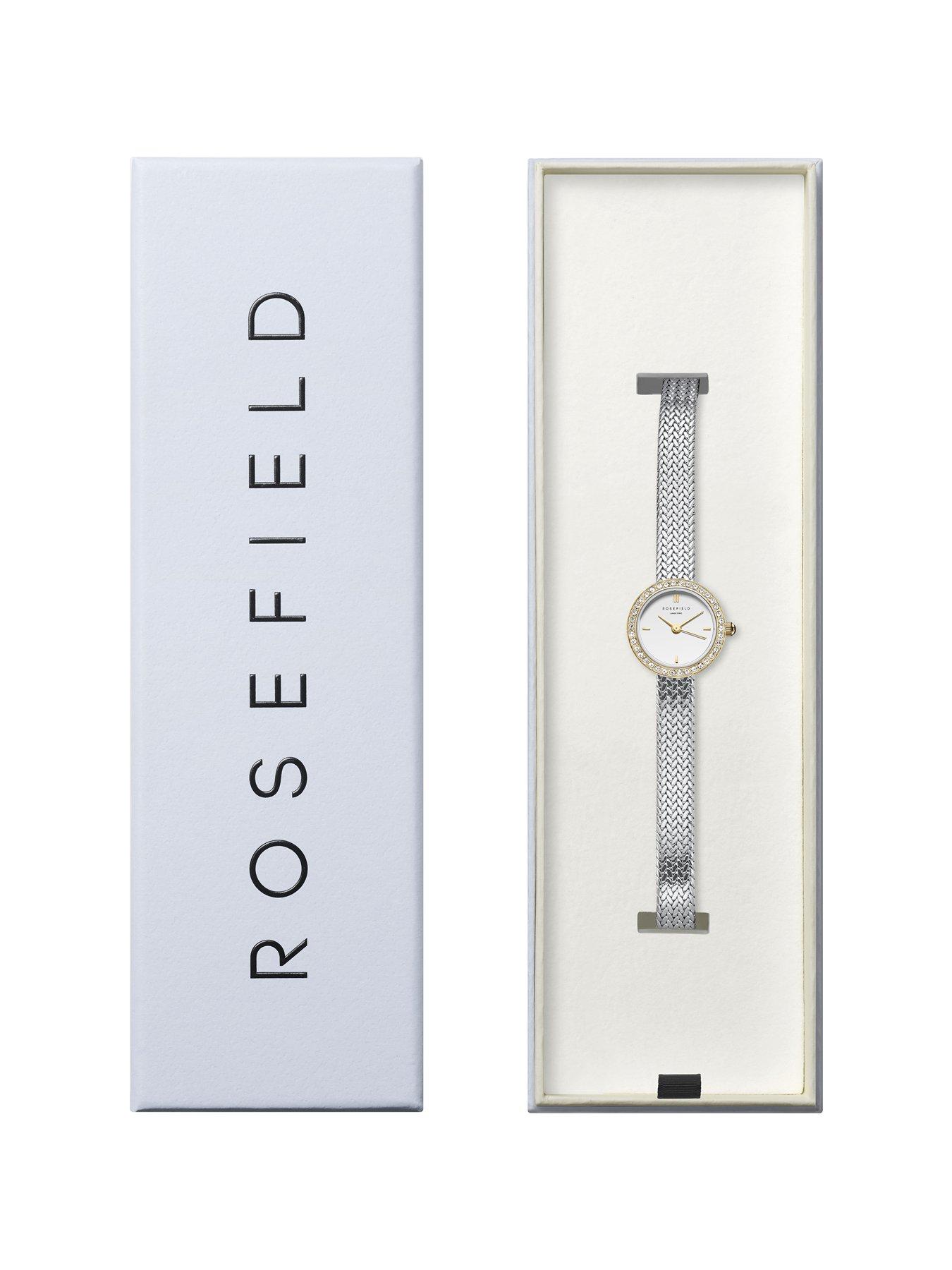  image of rosefield-mini-round-silver-dial-steel-mesh-stone-set-bezel