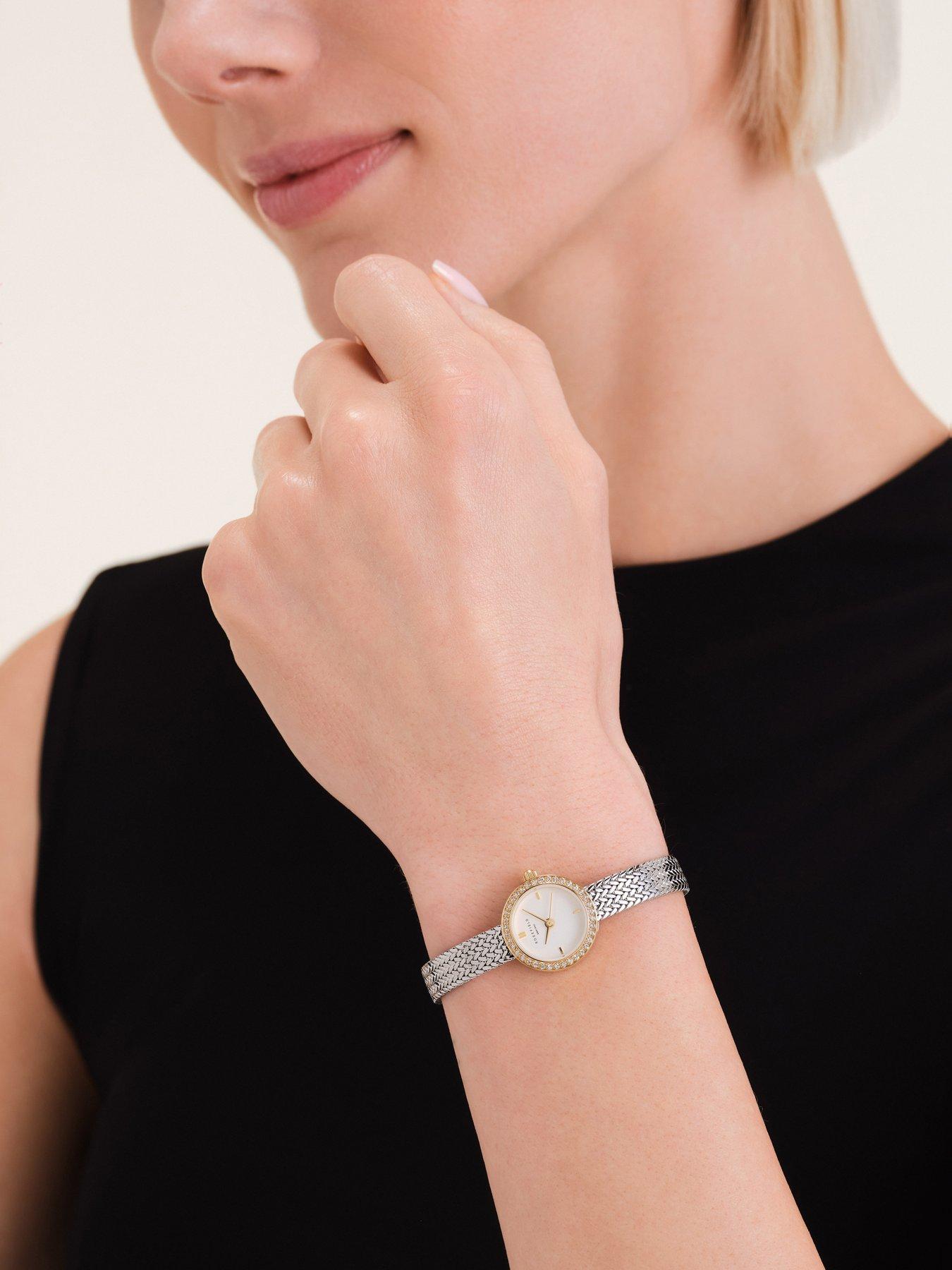  image of rosefield-mini-round-silver-dial-steel-mesh-stone-set-bezel