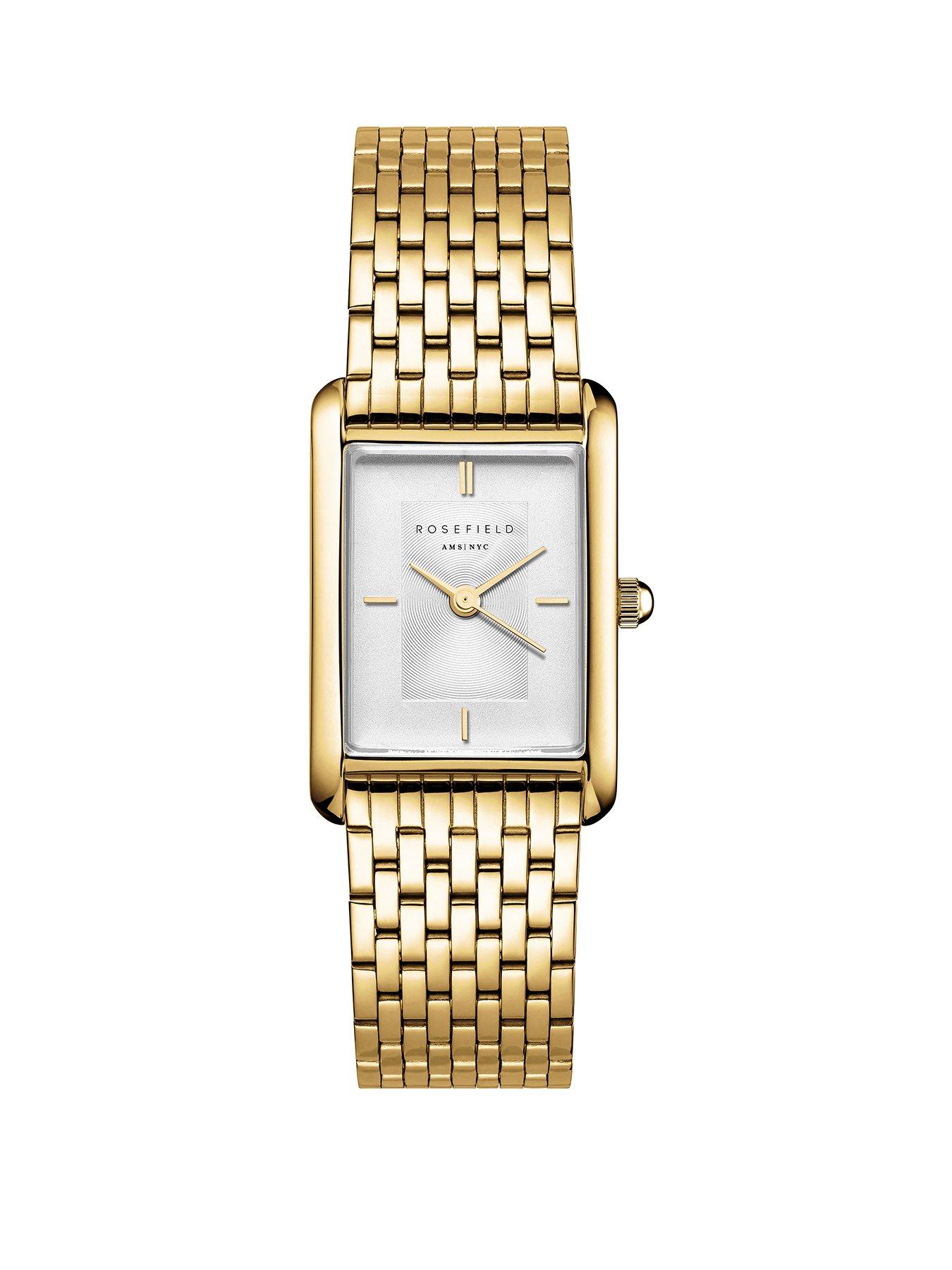 front image of rosefield-heirloom-white-dial-gold-case-and-multi-linked-bracelet
