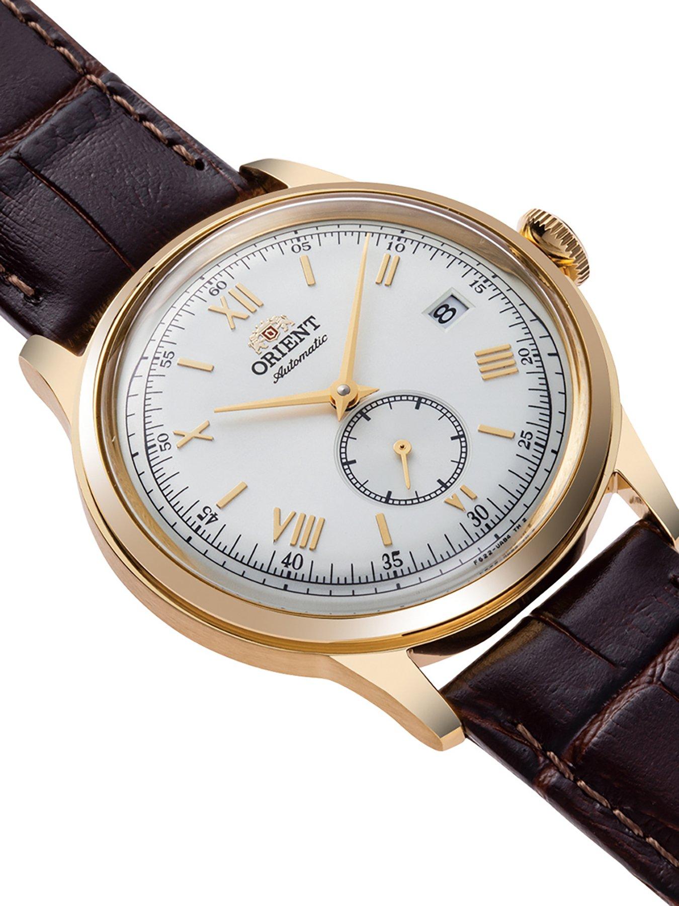Image 2 of 4 of Orient Bambino Small Seconds Roman Numeral White Dial Gold Case Brown Leather Strap