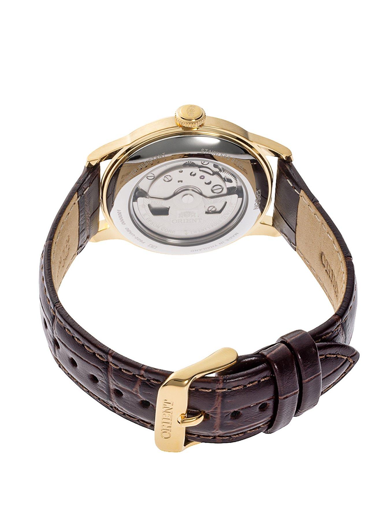 Image 3 of 4 of Orient Bambino Small Seconds Roman Numeral White Dial Gold Case Brown Leather Strap
