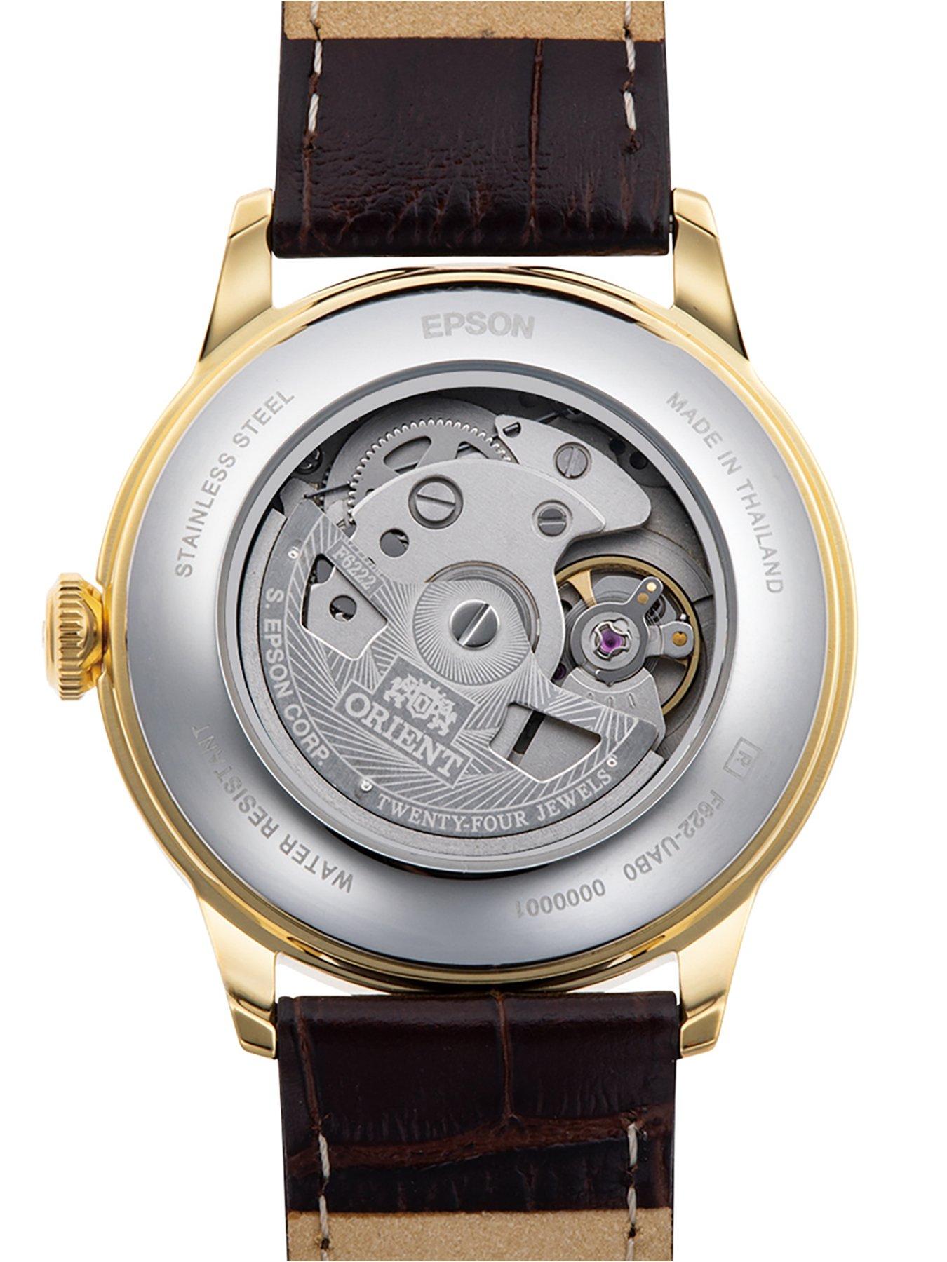 Image 4 of 4 of Orient Bambino Small Seconds Roman Numeral White Dial Gold Case Brown Leather Strap