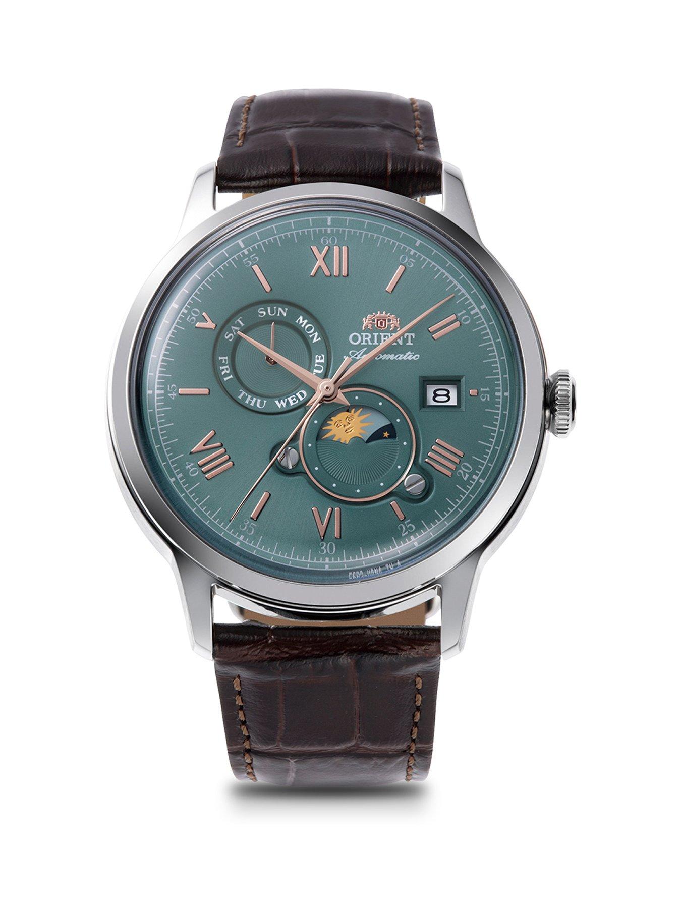 orient-bambino-sun-and-moon-green-dial-roman-brown-leather-strap