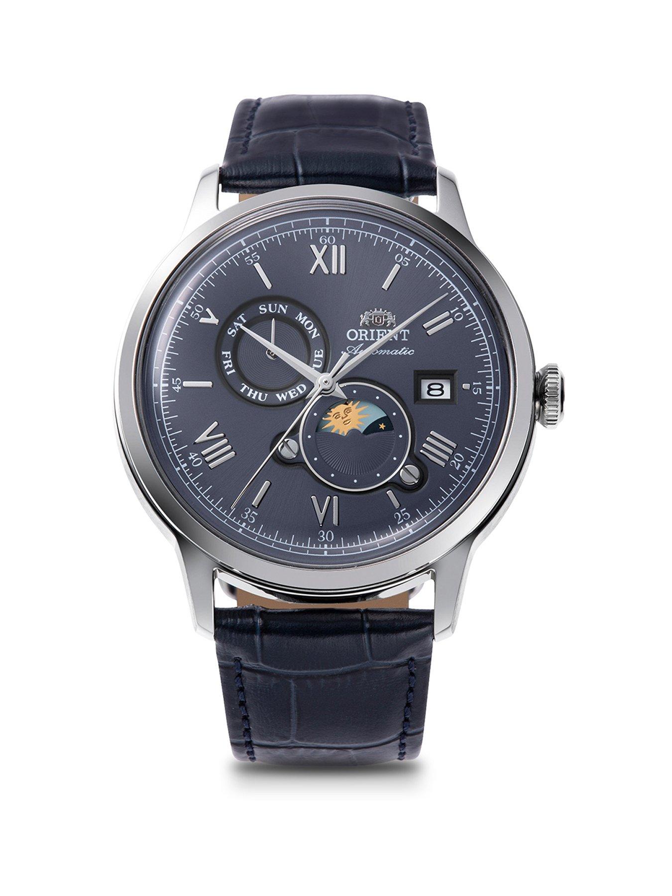 Orient Bambino Sun and Moon Black Dial Roman Black Leather Strap