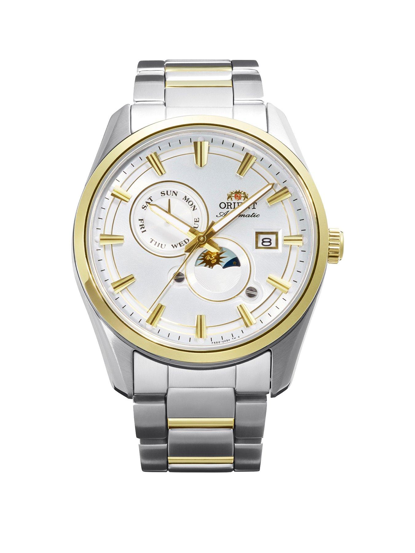 Orient Stretto Sun and Moon Two Tone Silver Dial Steel