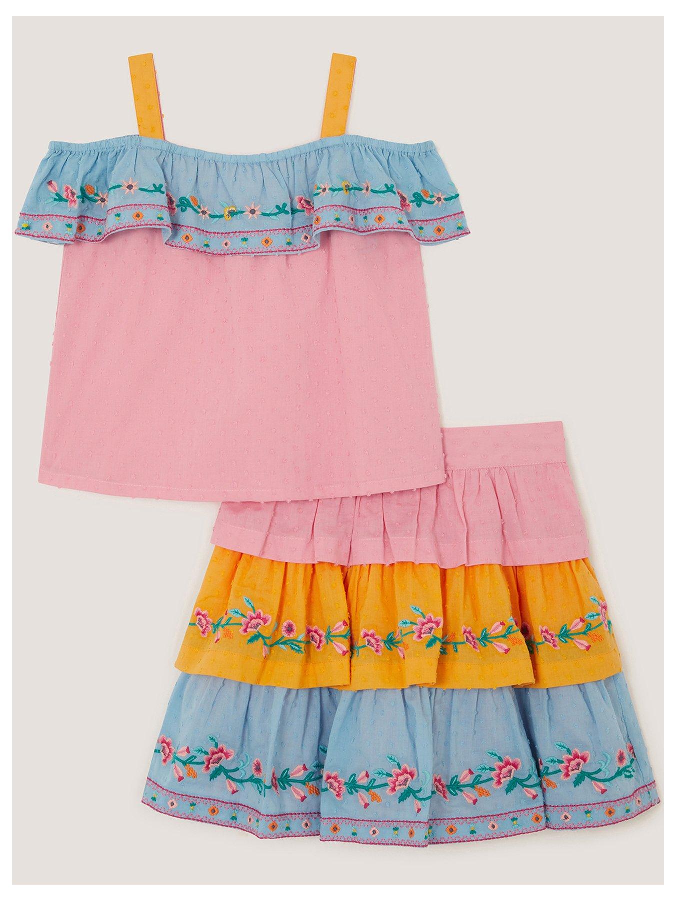 Monsoon Girls Colourblock Embroidered Tiered Top & Skirt Set - Multi