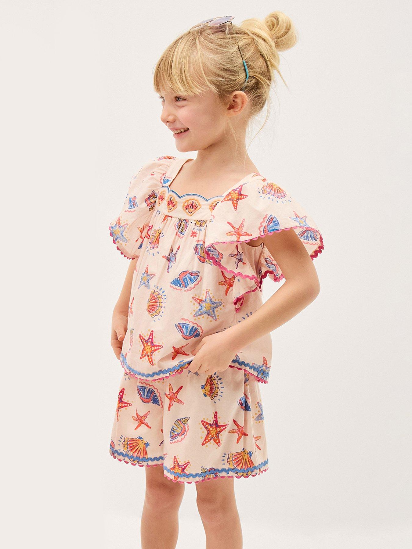  image of monsoon-girls-shell-printed-blouse-short-set-light-cream