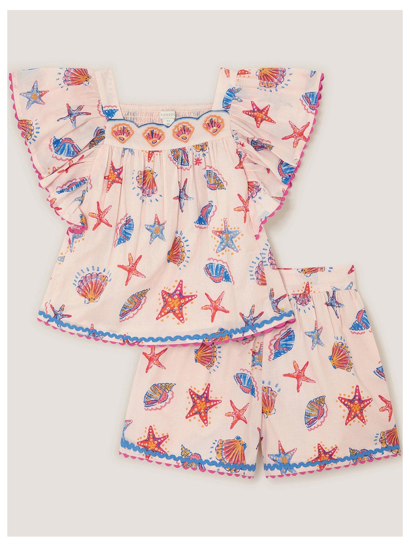  image of monsoon-girls-shell-printed-blouse-short-set-light-cream