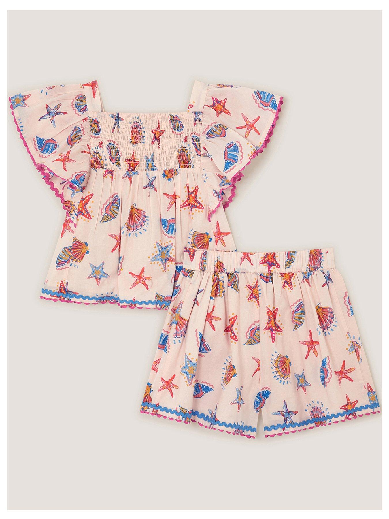  image of monsoon-girls-shell-printed-blouse-short-set-light-cream