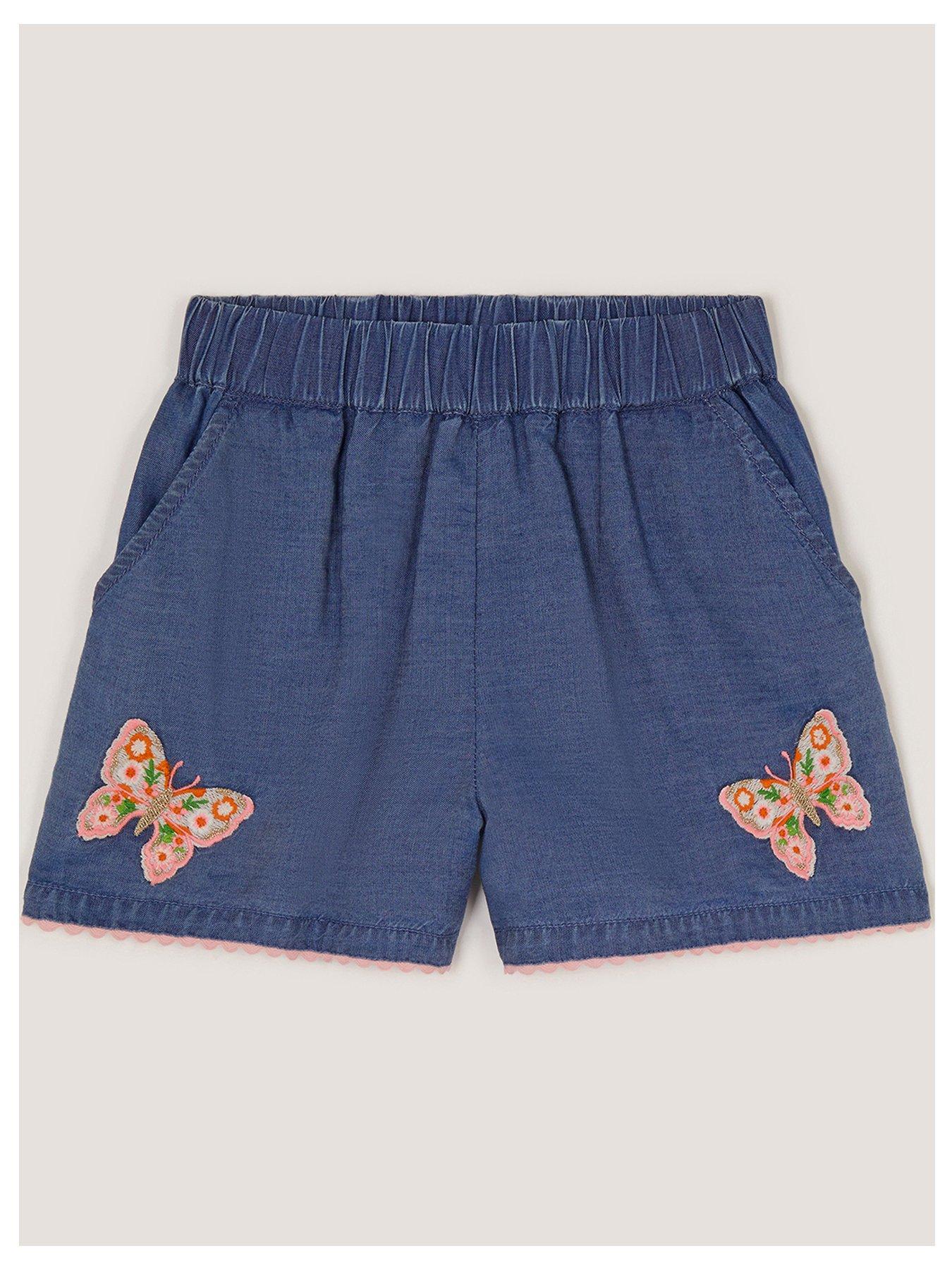 Image 2 of 4 of Monsoon Girls Butterfly Embroidered Tencel Shorts - Blue