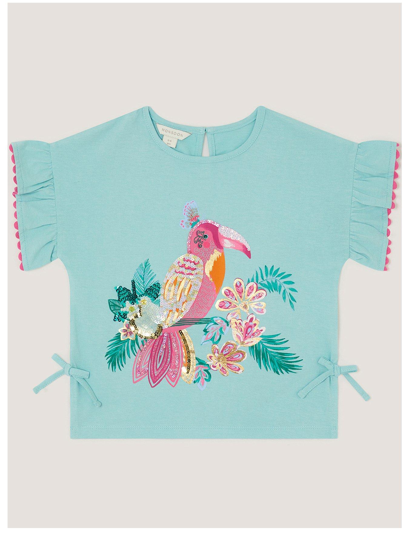 Monsoon Girls Tina Tropical Toucan Sequin Tshirt - Green