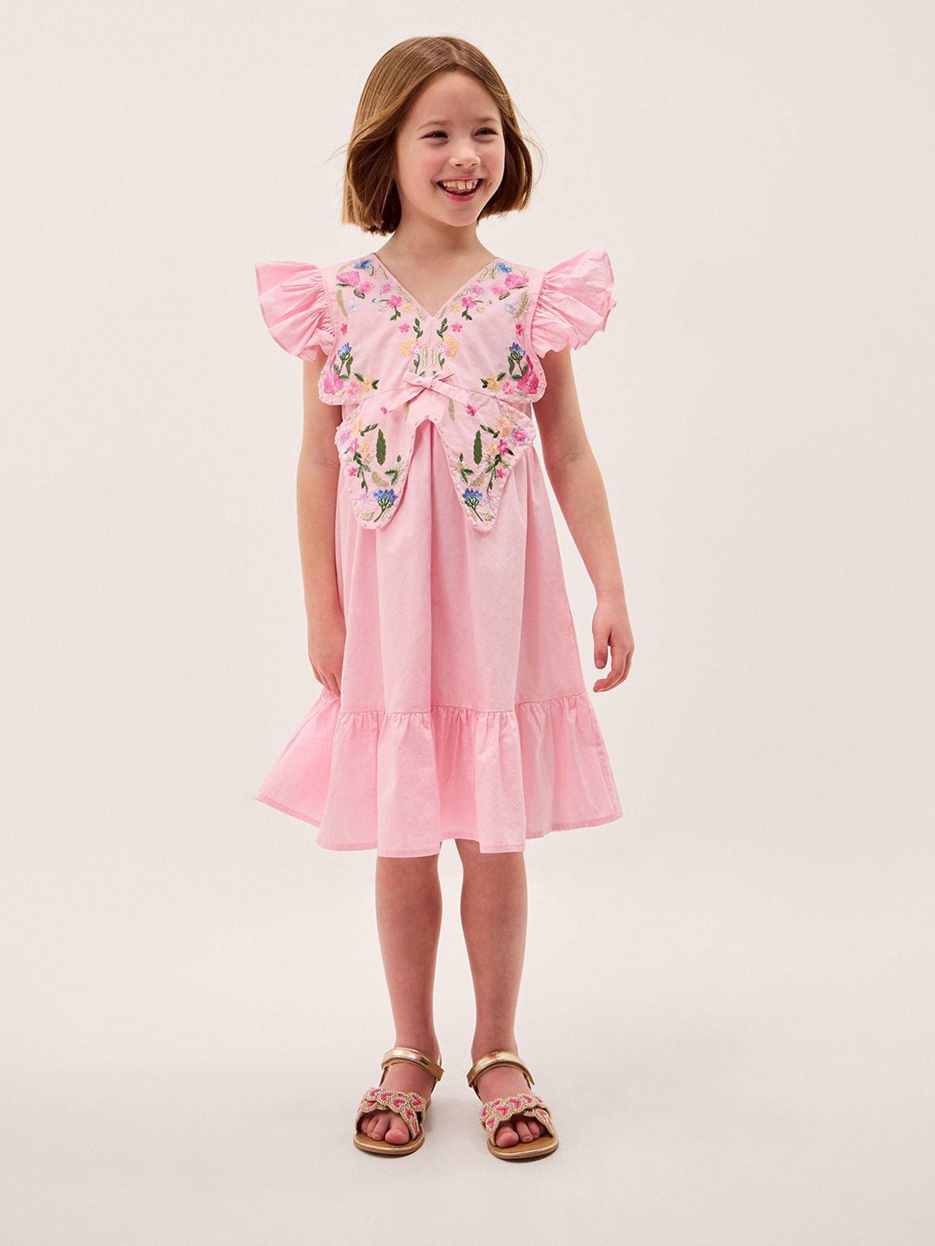 Monsoon Girls Butterfly Heritage Embroiderd Dress - Pink
