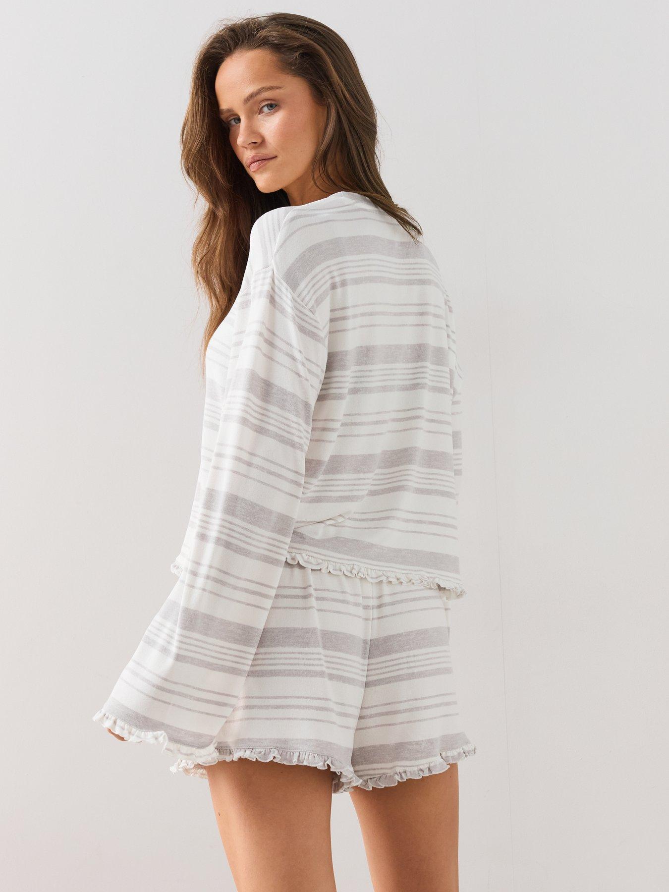 Image 2 of 7 of The Very Collection Soft Touch Stripe Frill Hem Short Pyjama Set - Grey