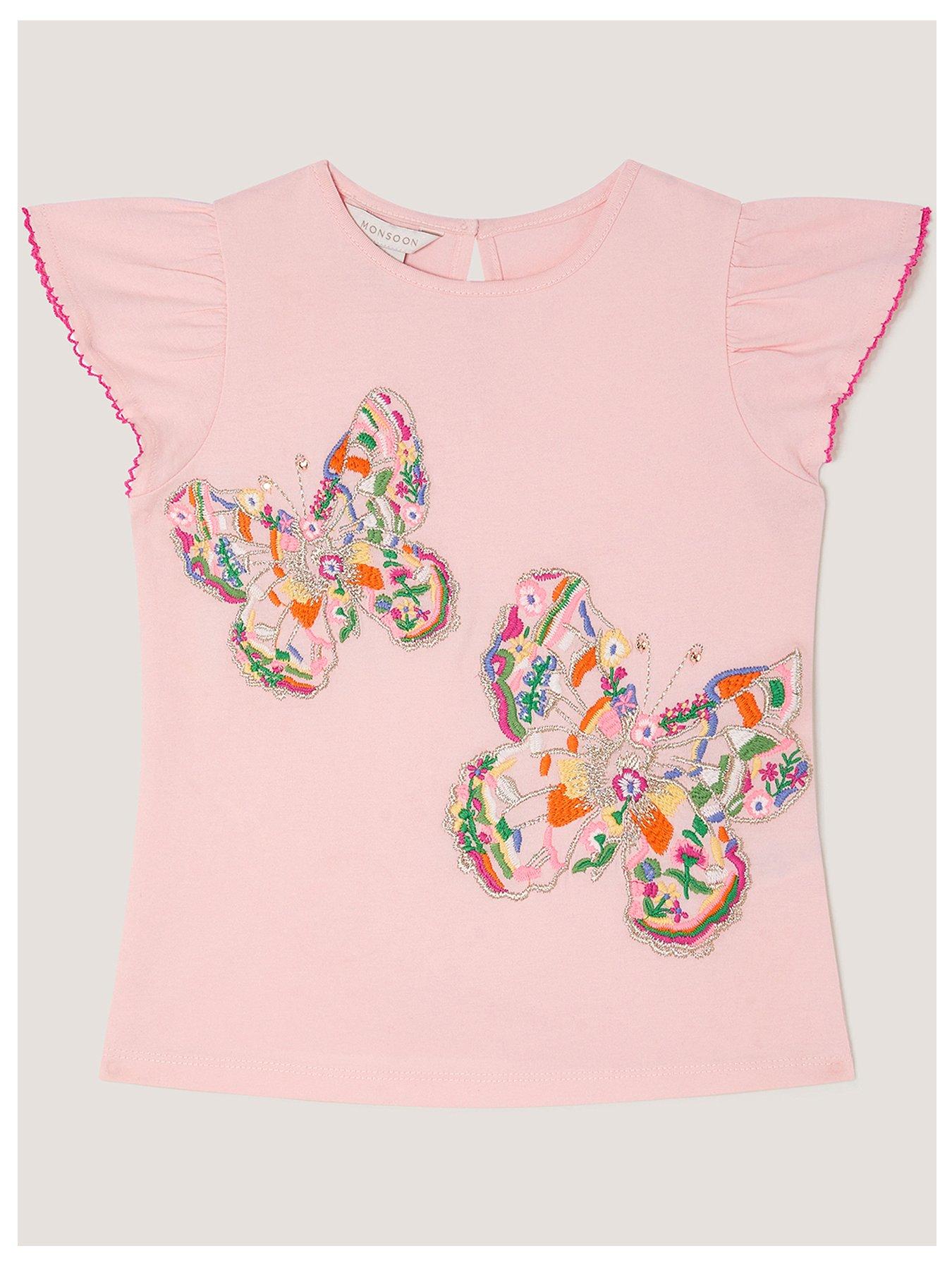 Image 2 of 4 of Monsoon Girls Short Sleeve Butterfly Heritage Tshirt - Pink