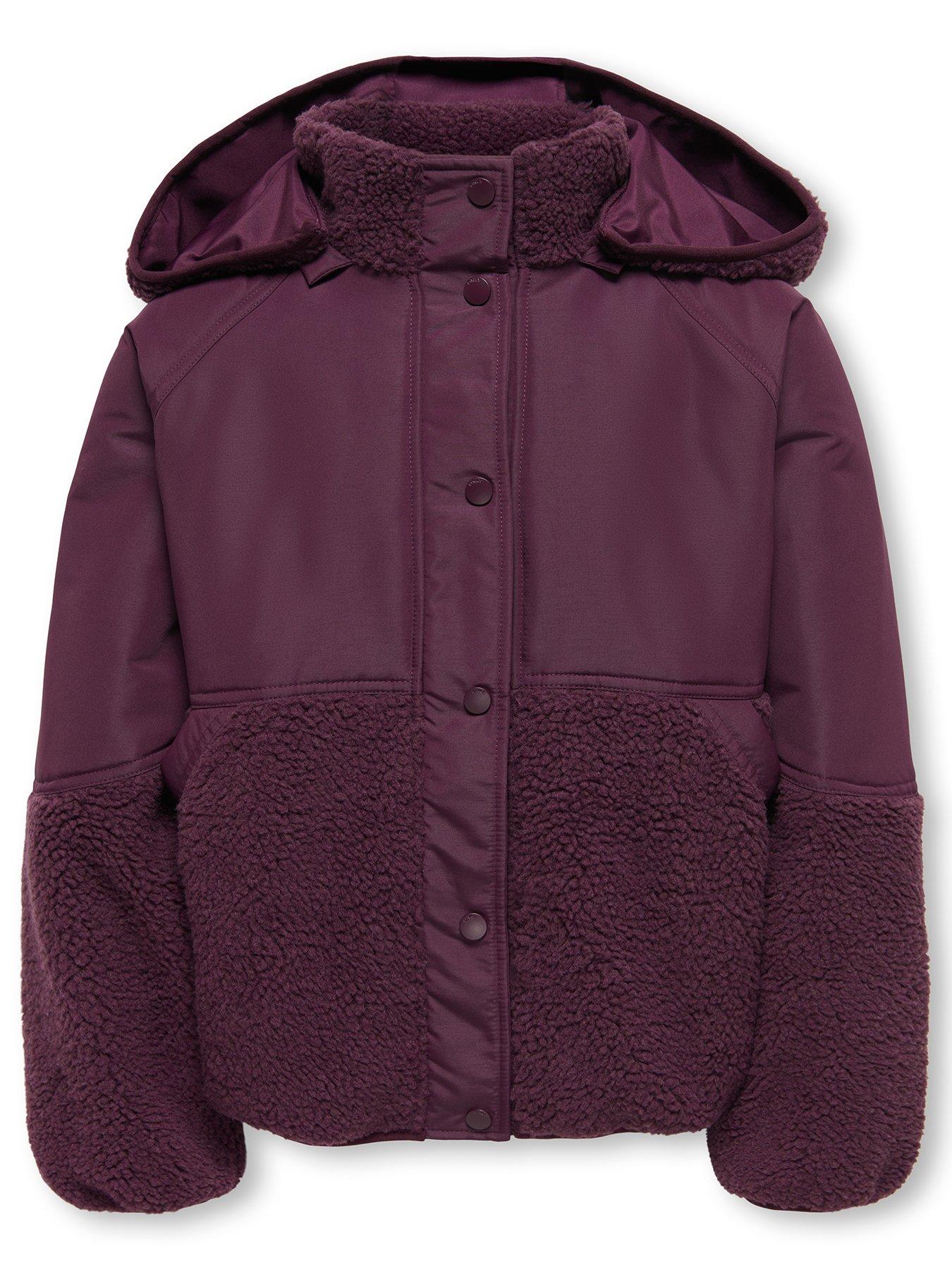 Only Kids Girls' Mixed Teddy Fleece Hooded Jacket - Dark Red