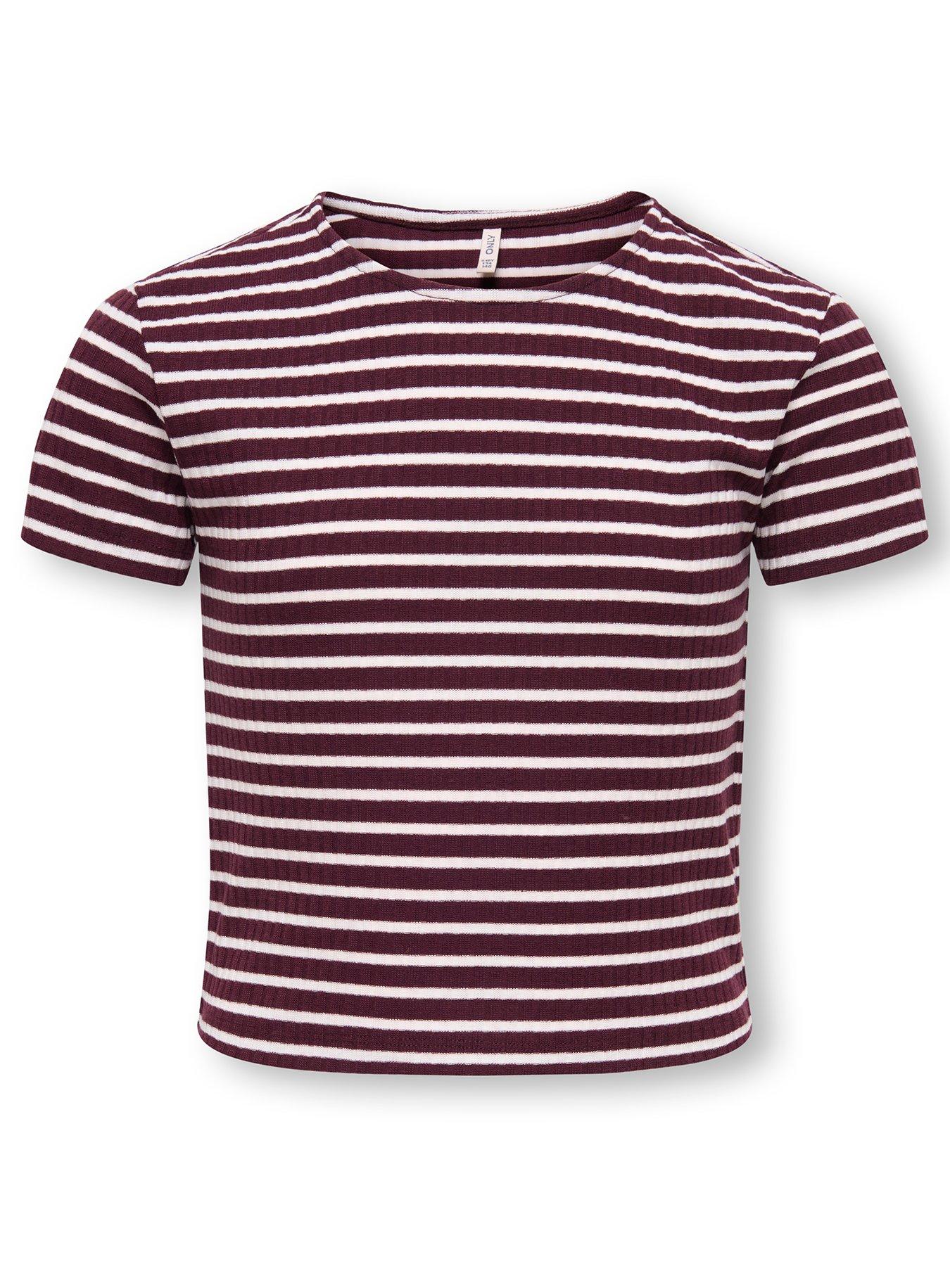 Only Kids Girls Ribbed Striped Short Sleeve Tshirt - Dark Red