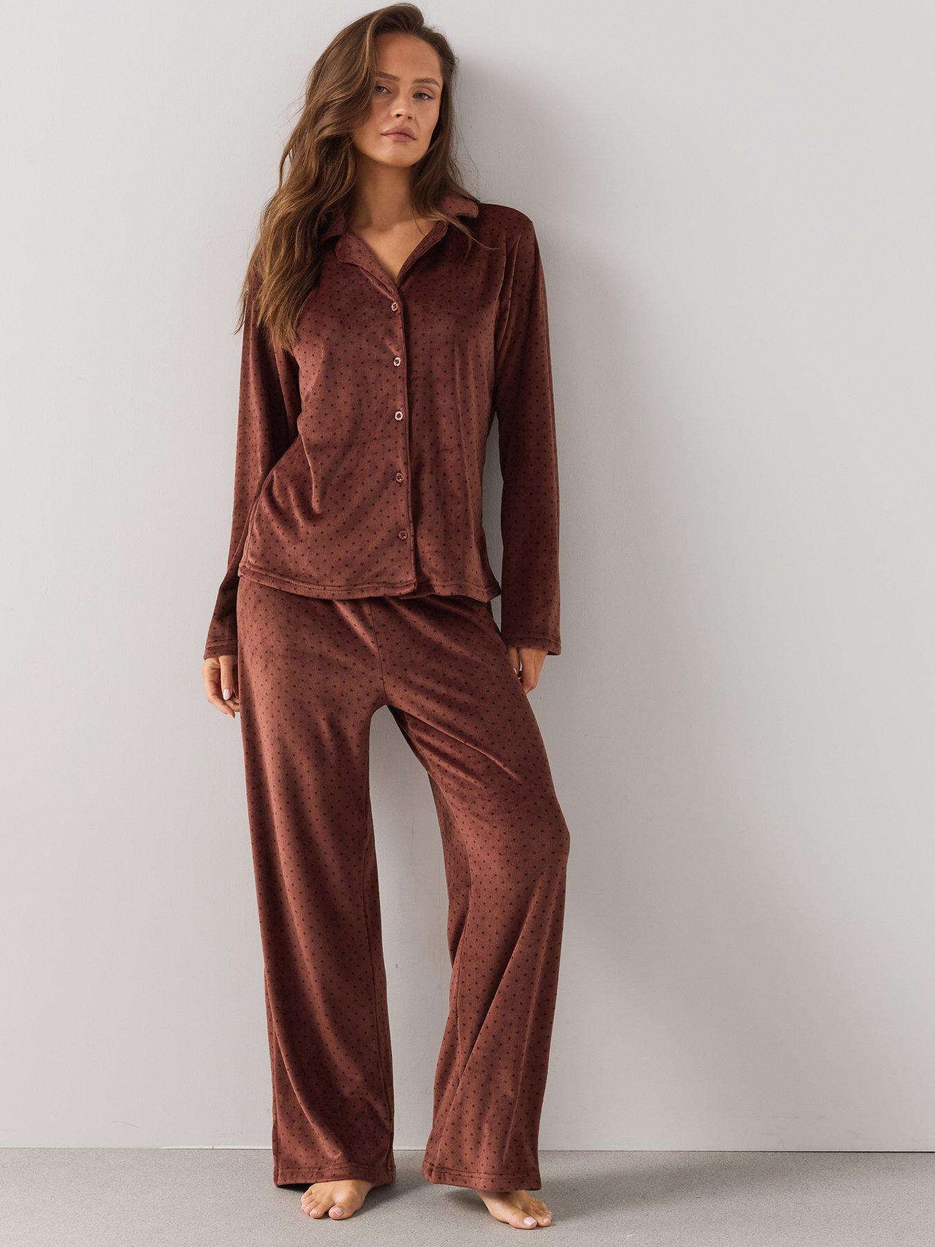 The Very Collection Polka Dot Fleece Revere Pyjama Set - Brown