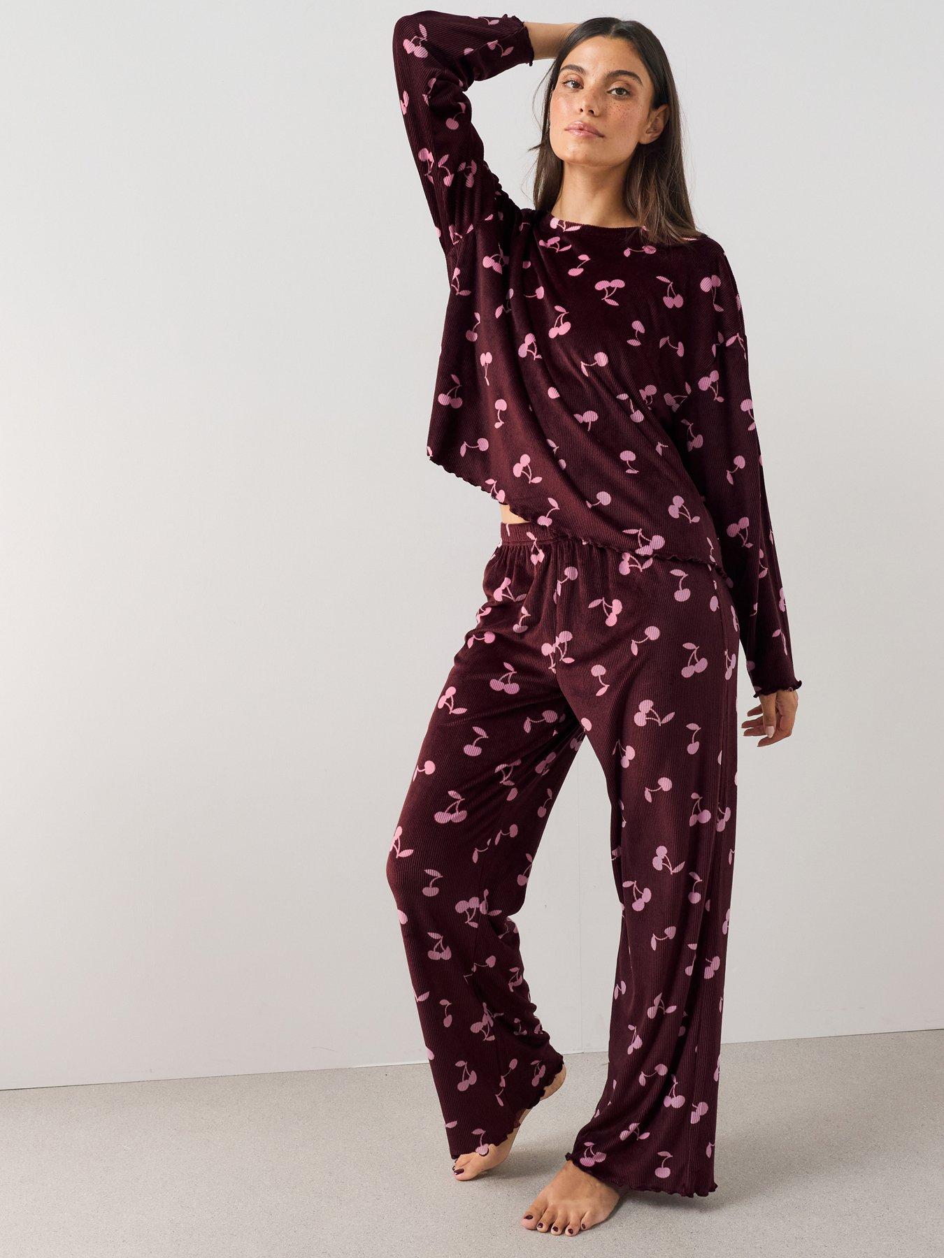 The Very Collection Soft Touch Rib Cherry Print Top And Wide Leg Pyjama Set - Burgundy