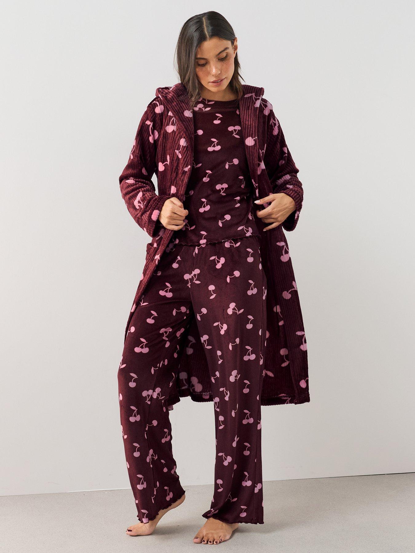 Image 3 of 7 of The Very Collection Soft Touch Cherry Print Rib Pyjama Set - Burgundy