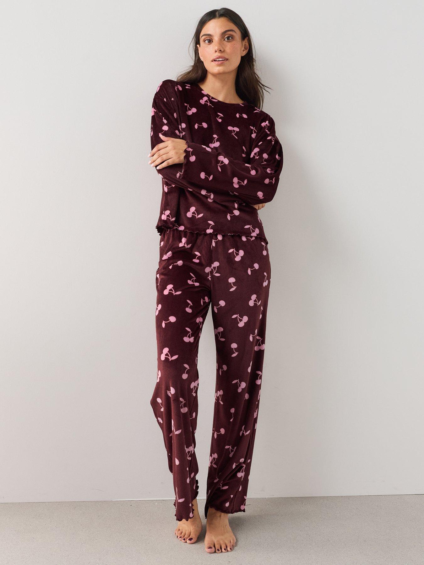 Image 4 of 7 of The Very Collection Soft Touch Cherry Print Rib Pyjama Set - Burgundy