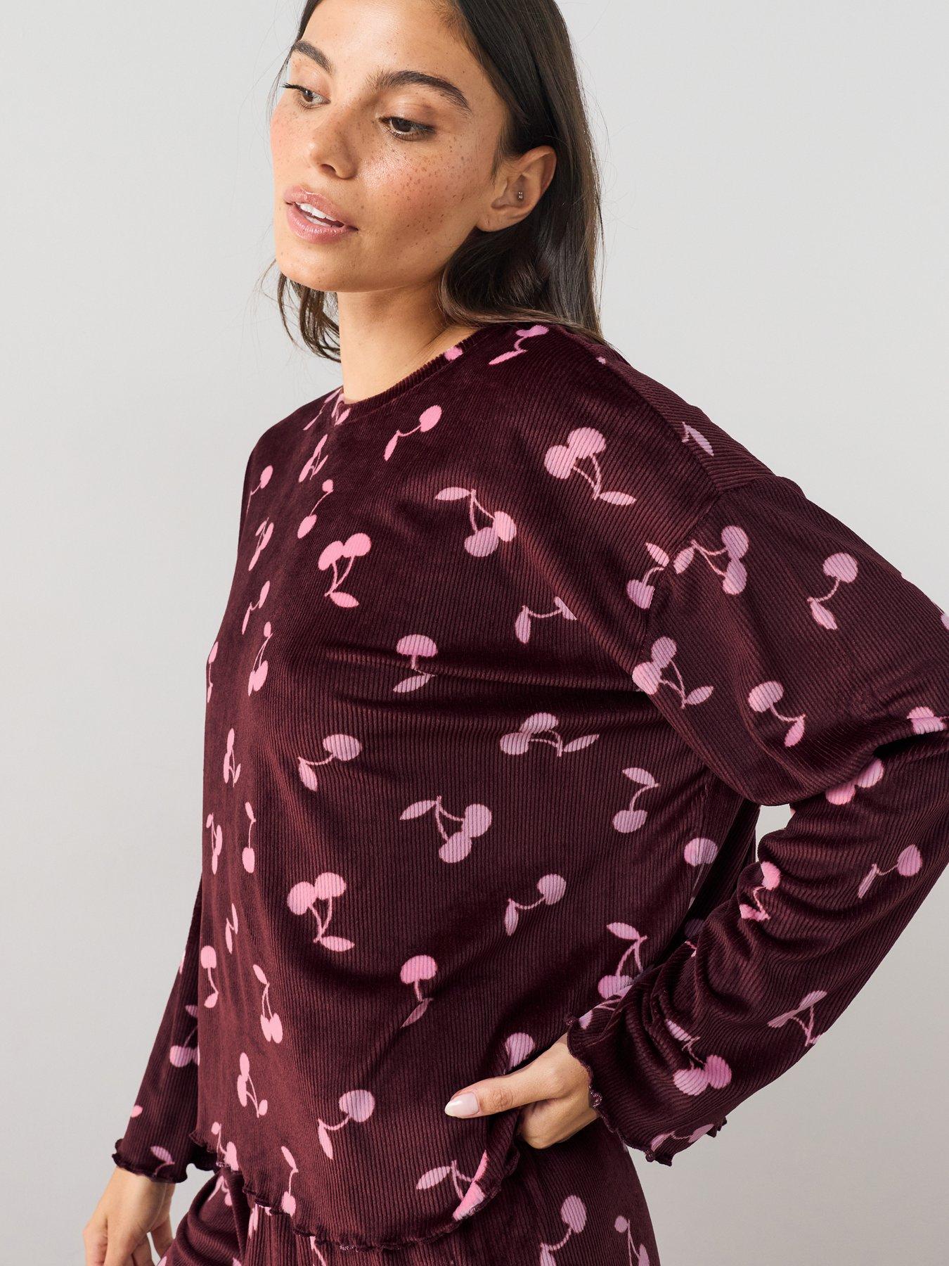 Image 5 of 7 of The Very Collection Soft Touch Cherry Print Rib Pyjama Set - Burgundy