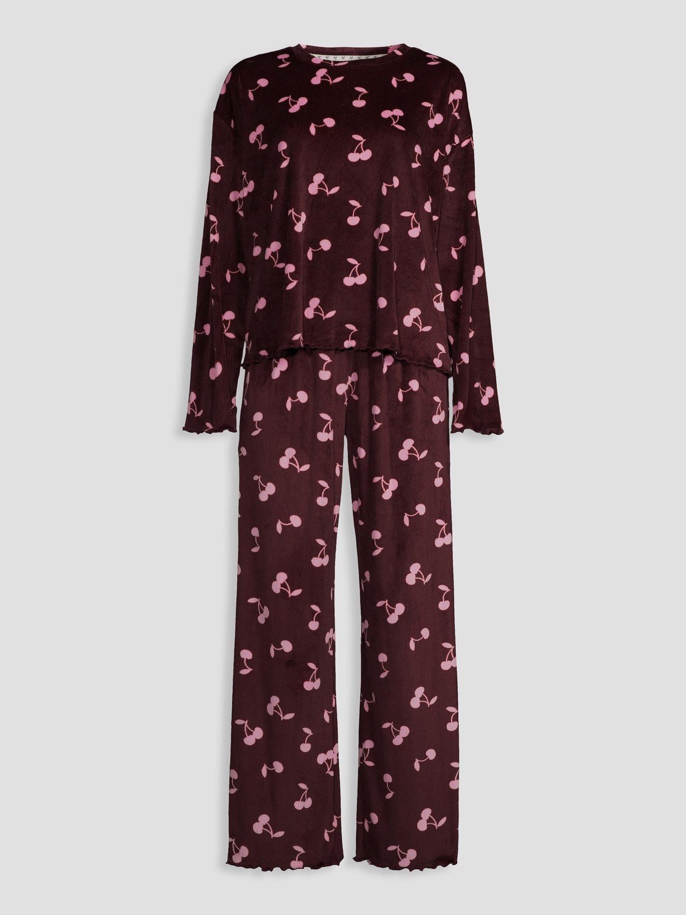 Image 7 of 7 of The Very Collection Soft Touch Cherry Print Rib Pyjama Set - Burgundy