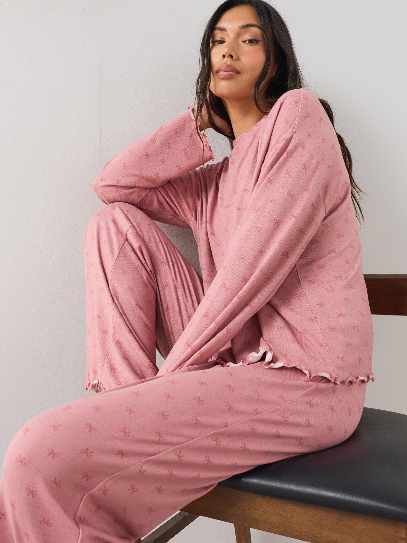 The Very Collection Soft Touch Ribbon Print Top And Wide Leg Pyjama Set - Pink