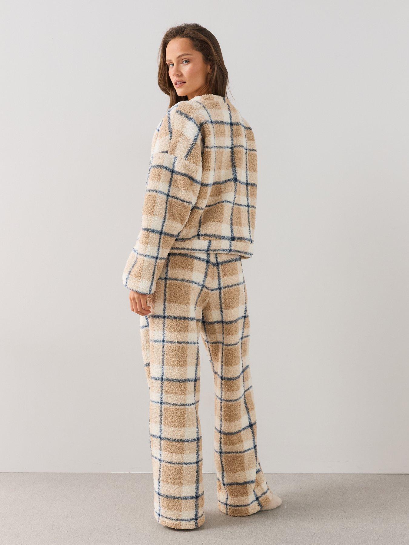 Image 2 of 7 of The Very Collection Borg Check Print Loungewear Set - Beige