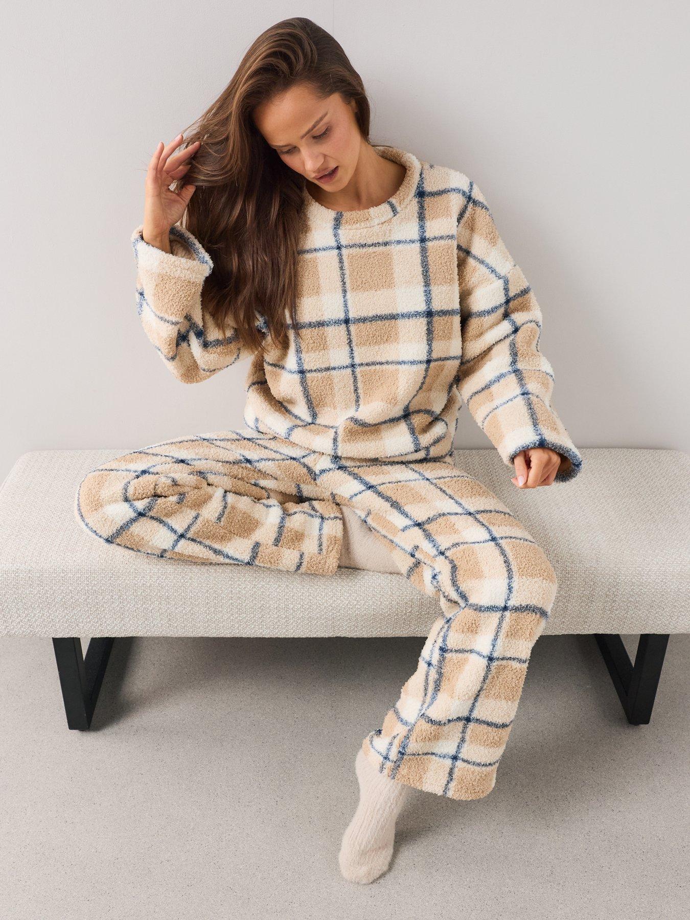Image 3 of 7 of The Very Collection Borg Check Print Loungewear Set - Beige