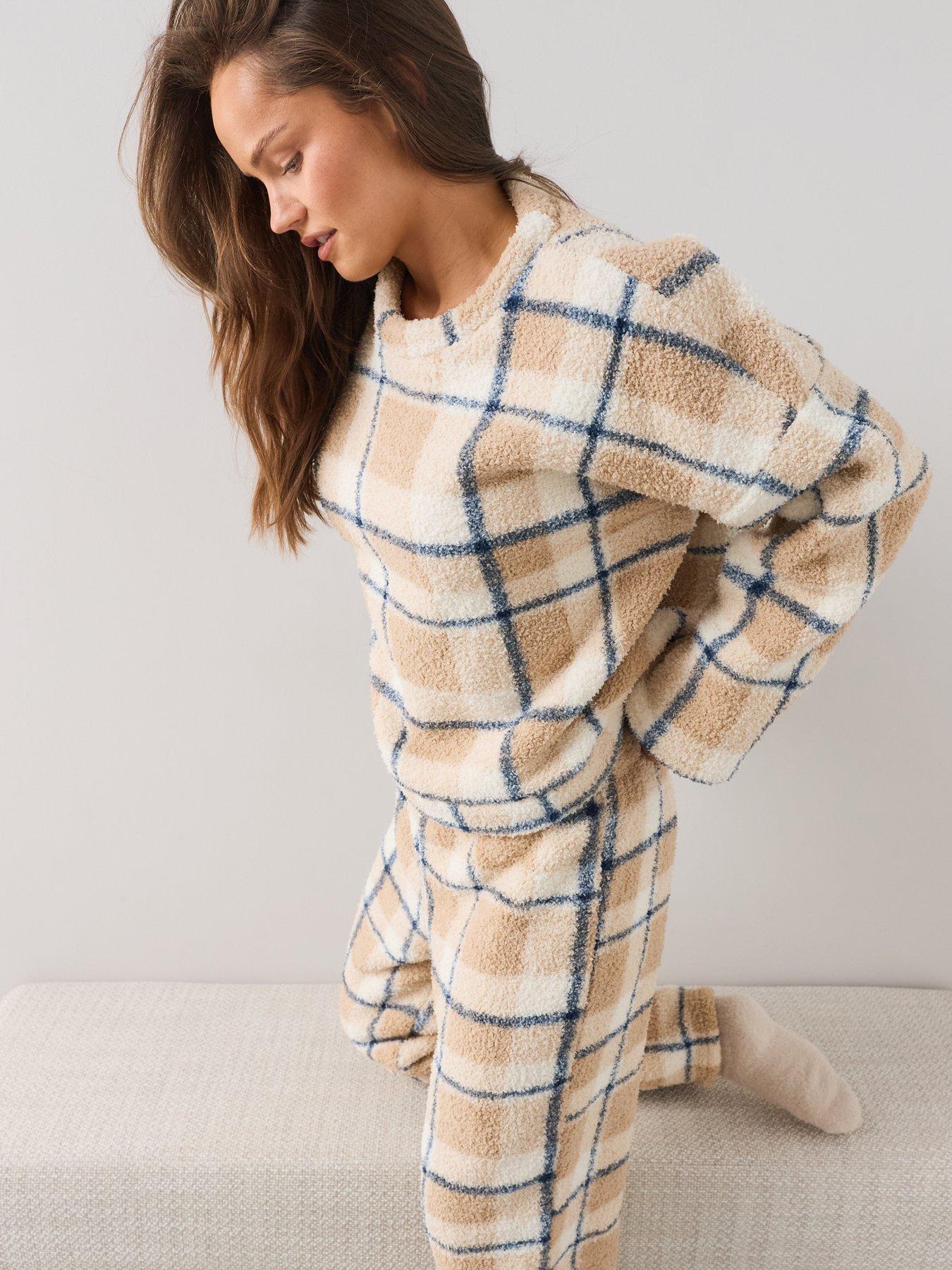 Image 4 of 7 of The Very Collection Borg Check Print Loungewear Set - Beige