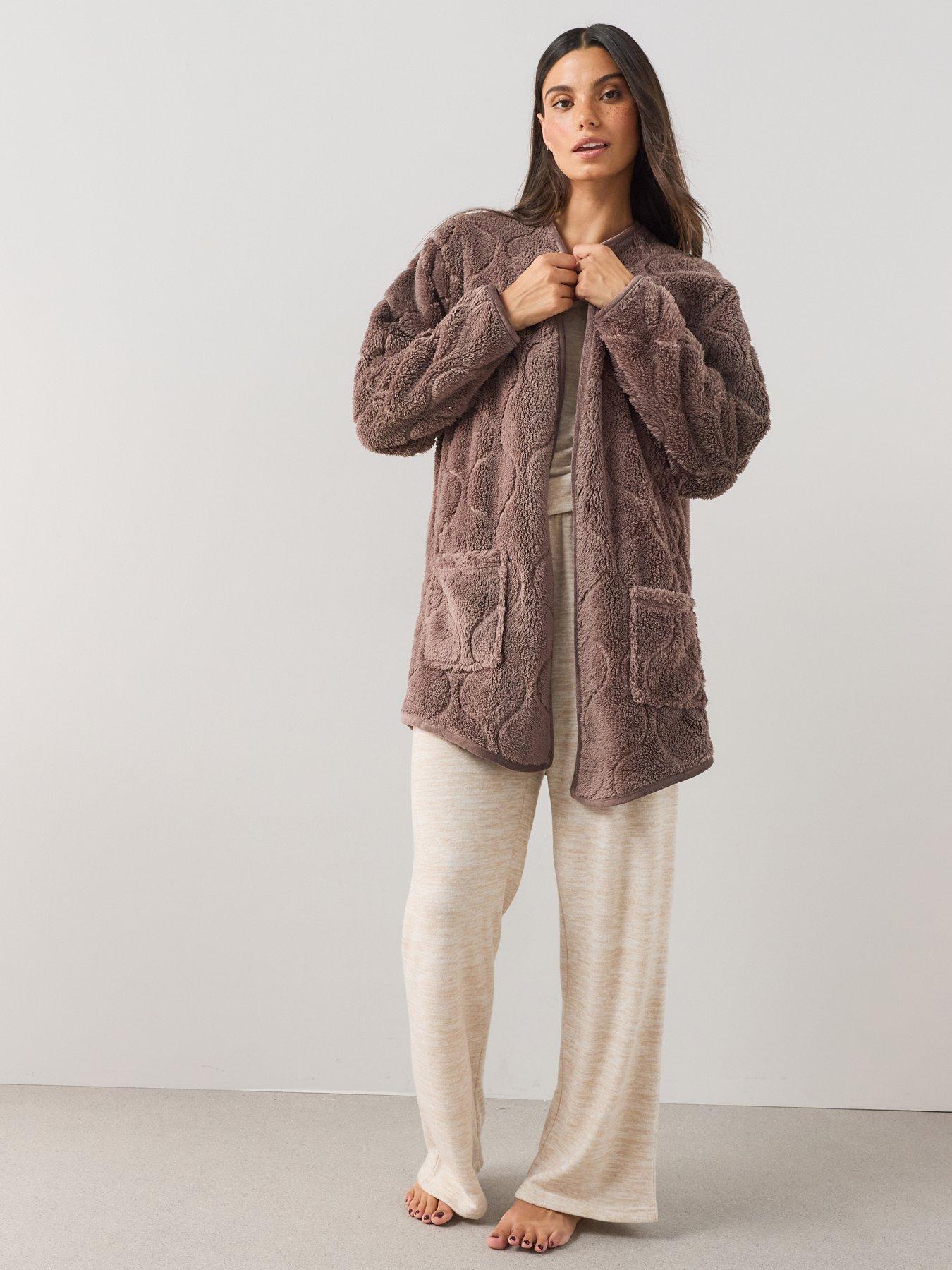 Image 1 of 7 of The Very Collection Borg Cardigan Dressing Gown - Brown