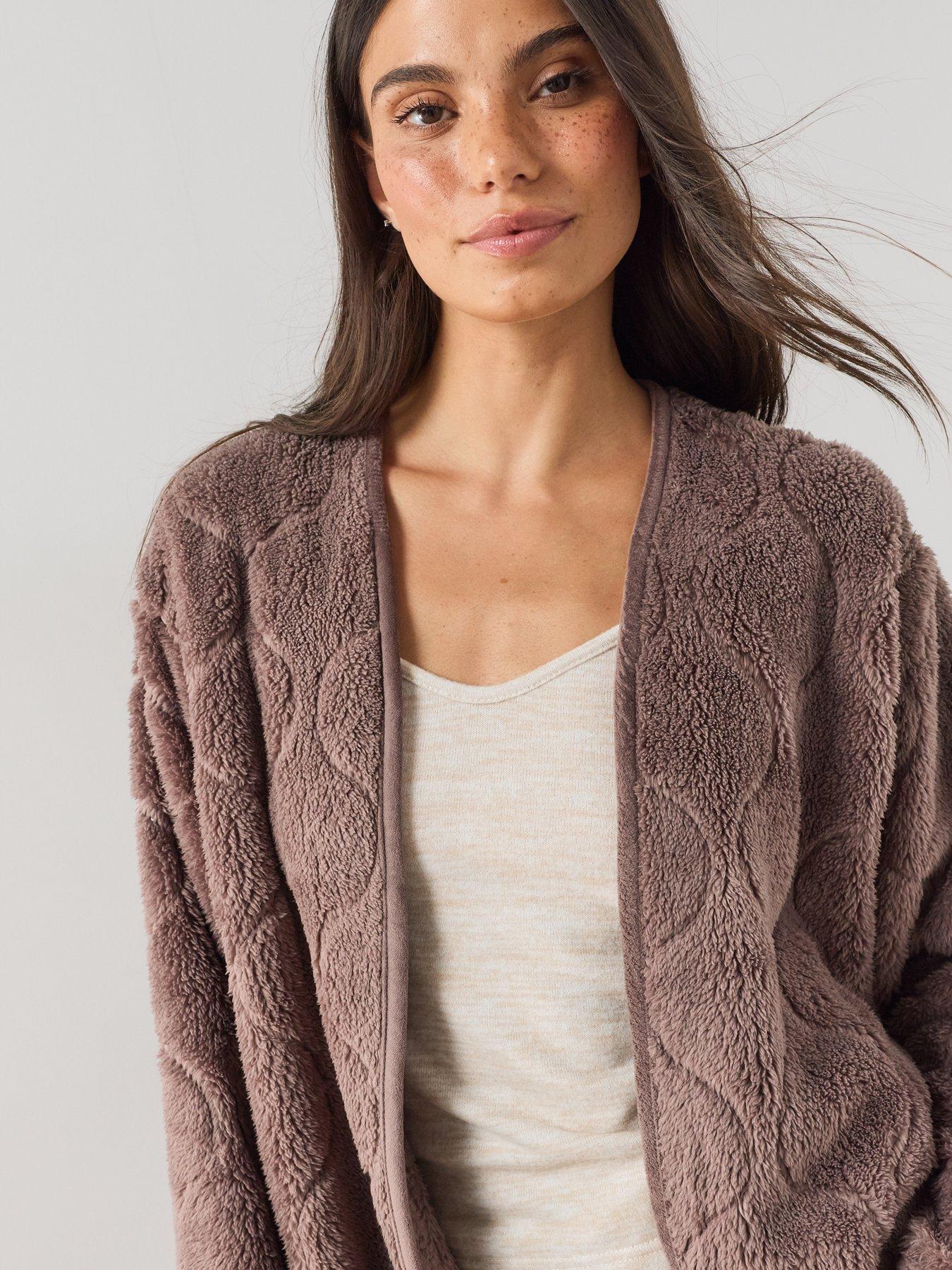 Image 4 of 7 of The Very Collection Borg Cardigan Dressing Gown - Brown