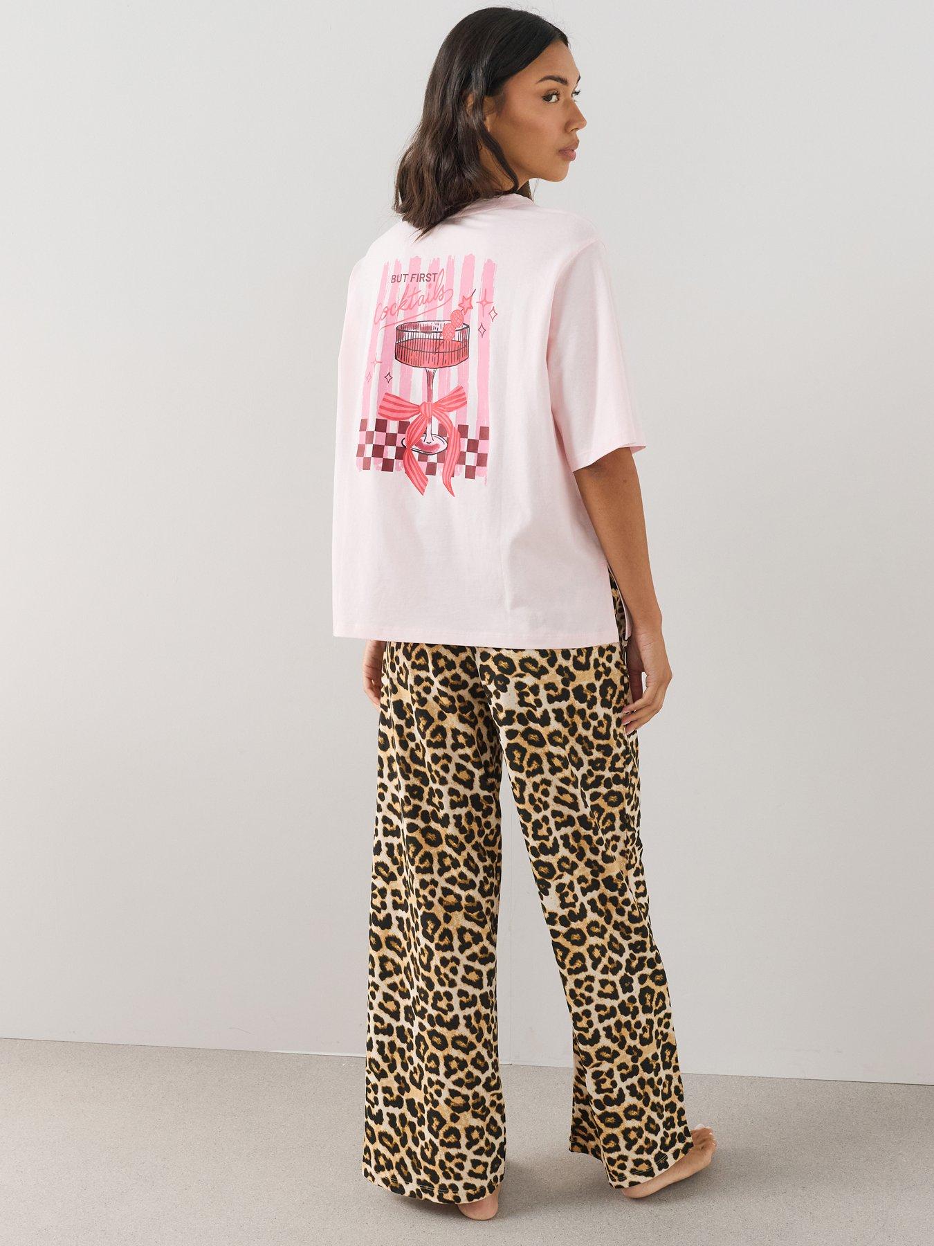 The Very Collection Oversized Bow Print T-shirt And Leopard Wide Leg Pyjama Set - Pink