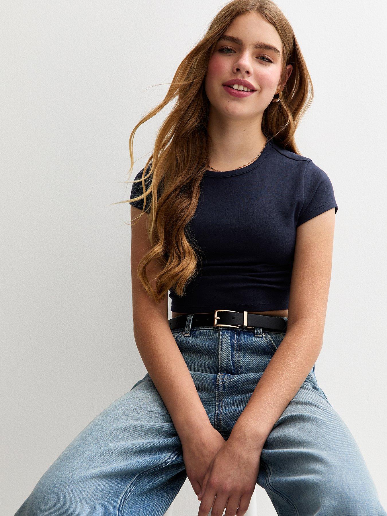 New Look 915 Girls Navy Ruched Side Cap Sleeve T-shirt